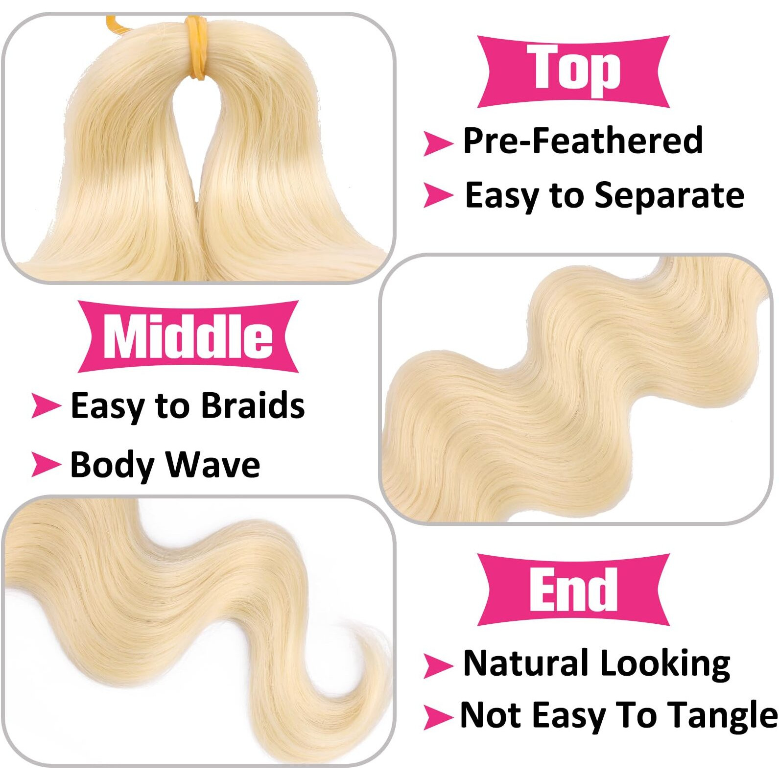 Unionbeauty Pre-Feathered Body Wave Braiding Hair 24Inch 3Packs Blonde Braiding Hair For Bohemian Box Braids Crochet Hair With Bouncy Synthetic Hair Extension French Curl Crochet Braid For Woman(613)