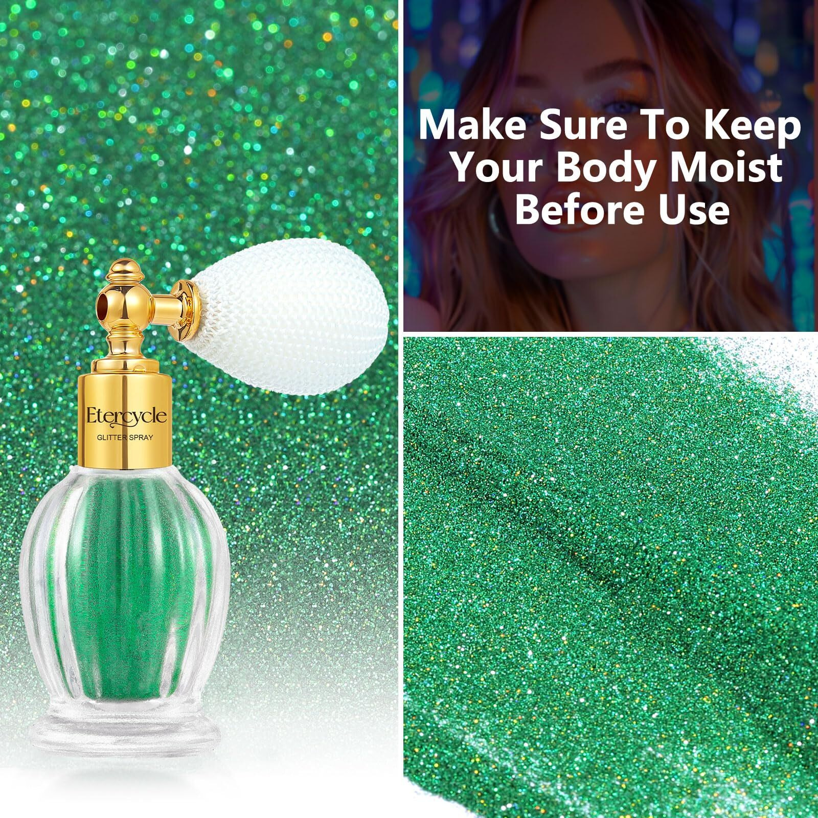 Etercycle Body Shimmer Spray, Green Hair Glitter Spray Sparkly Gifts, Face Glitter For Women Longwear And Quick Drying Fine Glitter Makeup For Y2K Accessories, Party, Stage Shows, Nightclubs, Bar