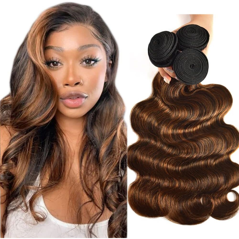 P4/30 Highlight Body Wave Bundle Brown And Dark Brown Human Hair 3 Bundles Brazilian Unprocessed Virgin Hair Extensions For Women Piano Color 24 26 28 Inch