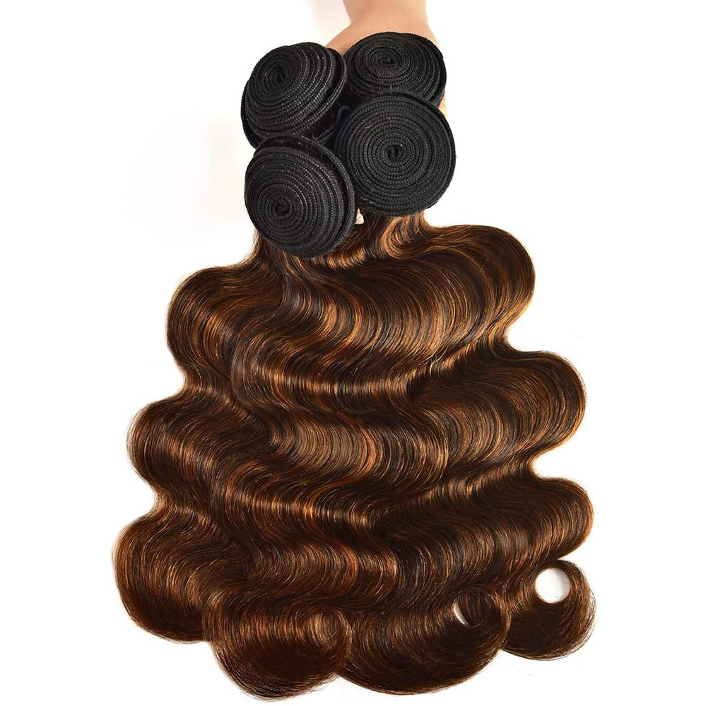 P4/30 Highlight Body Wave Bundle Brown And Dark Brown Human Hair 3 Bundles Brazilian Unprocessed Virgin Hair Extensions For Women Piano Color 24 26 28 Inch