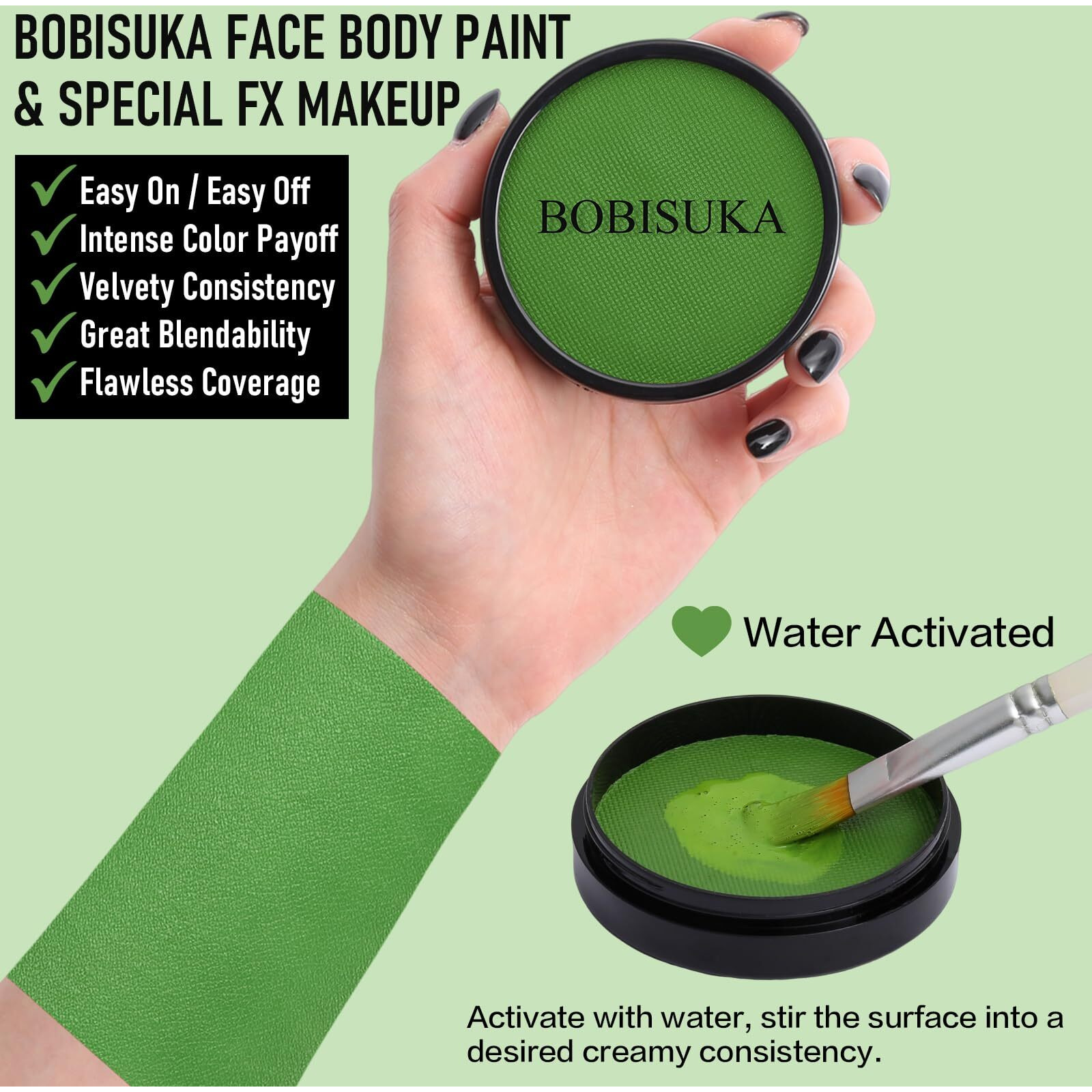 Bobisuka Light Green Face Body Paint, Water-Based Face Painting For Halloween,Christmas & St. Patrick's Day, Kids Adults Facepaint For Witch Monster Gamora Goblin Grinch Hulk Sfx Makeup Cosplay Party