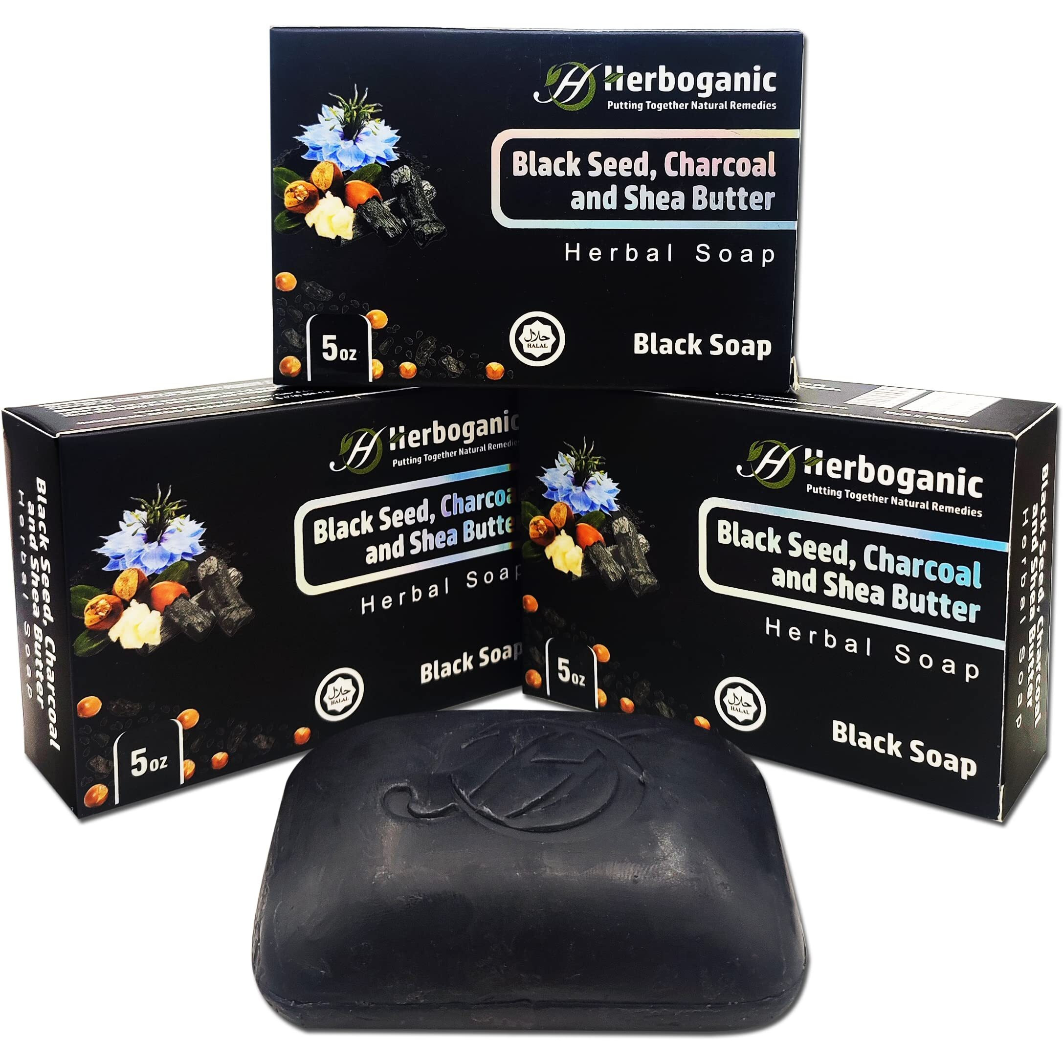 Herboganic Black Seed, Charcoal And Shea Butter Herbal Soap | Pack Of 3 Of 5Oz Soap Bar | Natural Bar Soap For Face And Body | Hydrating And Nourishing | Suitable For Men And Women