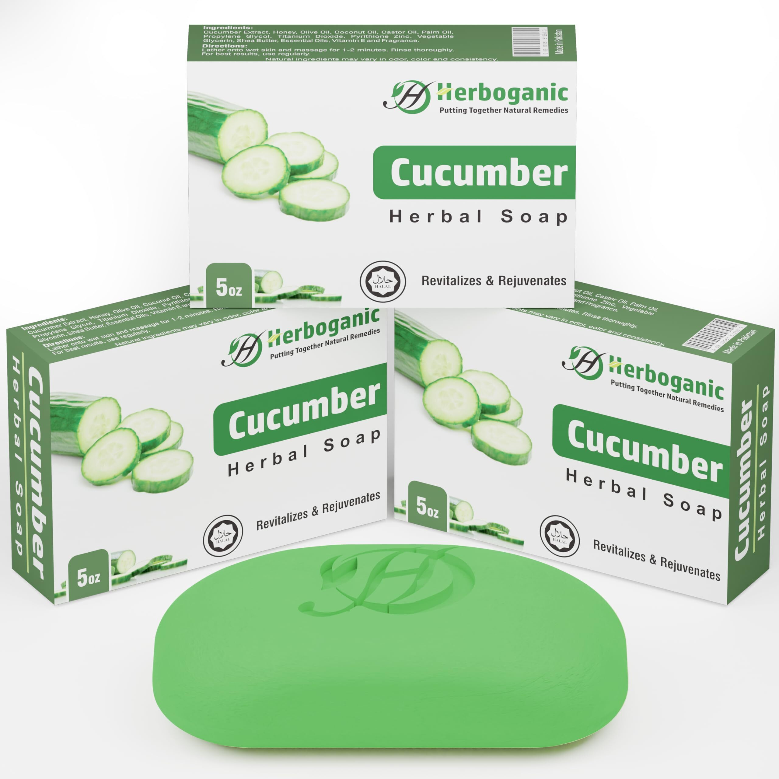 Herboganic Cucumber Herbal Soap | Pack Of 3 Of 5Oz Soap Bar | Natural Bar Soap For Face And Body | Hydrating And Nourishing | Suitable For Men And Women