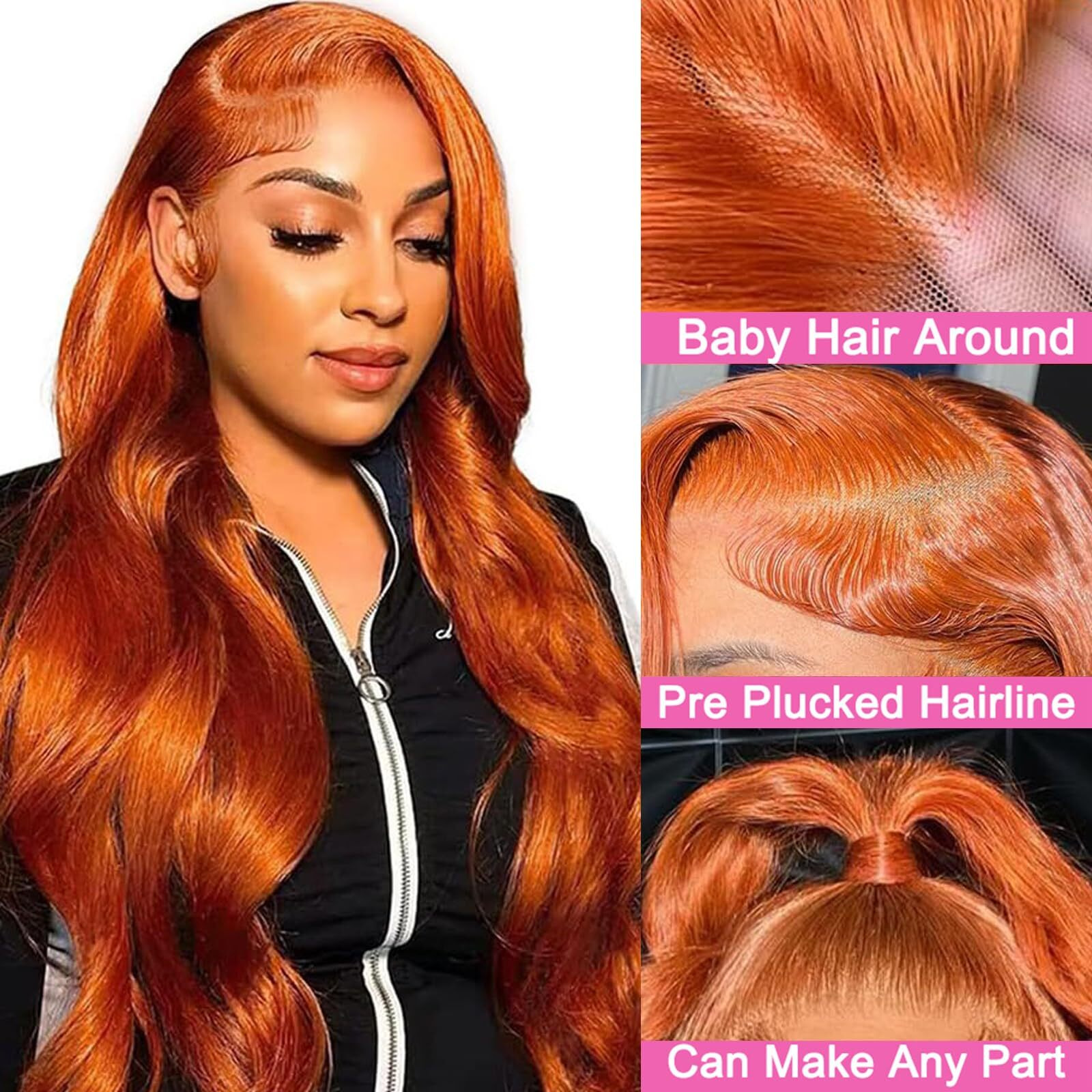 Dark Ginger 13X4 Lace Front Wigs Human Hair Glueless Ginger Orange Colored Body Wave Lace Front Wigs With Baby Hair Pre Plucked 180 Density Hd Transparent Lace Frontal Wigs For Women 18 Inch