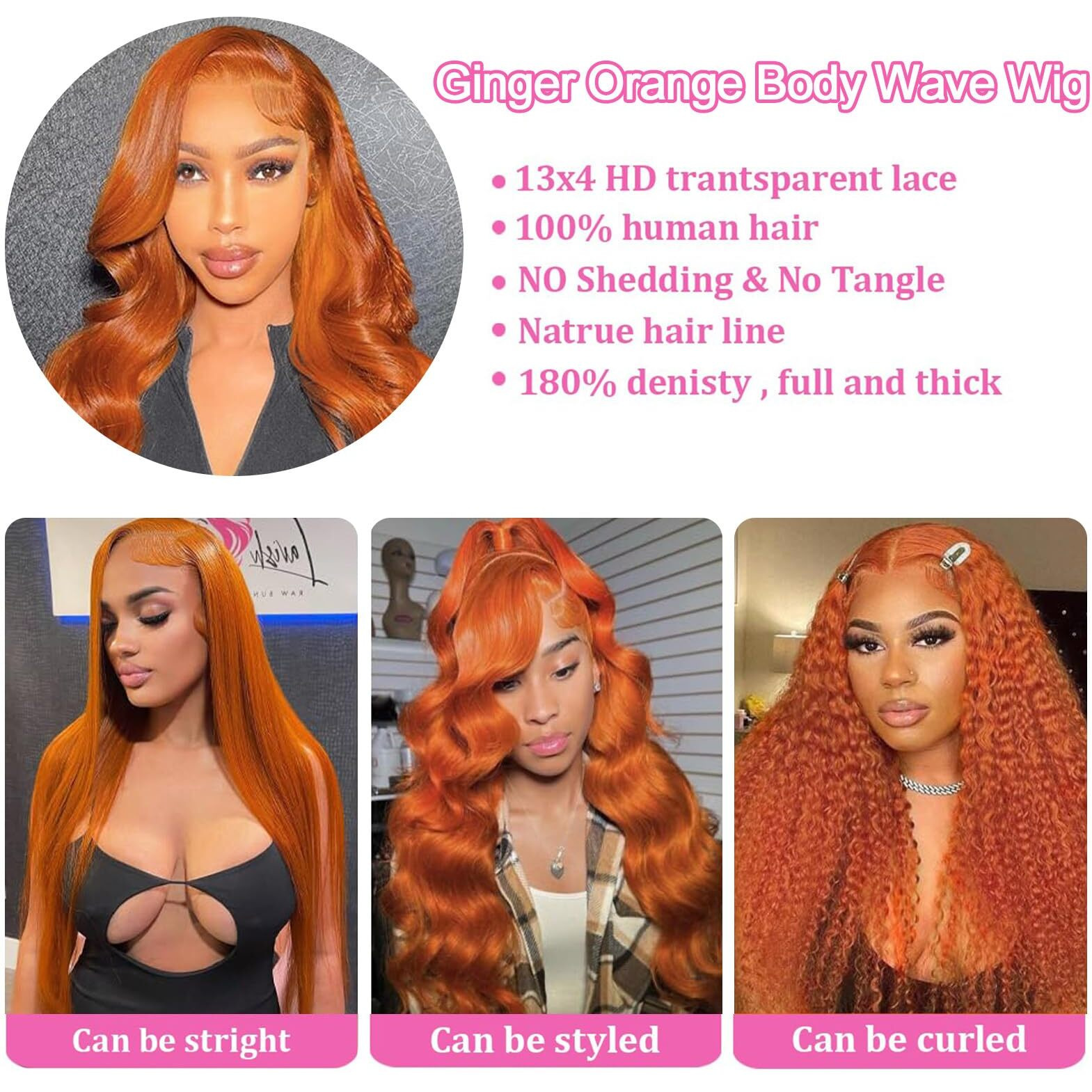 Dark Ginger 13X4 Lace Front Wigs Human Hair Glueless Ginger Orange Colored Body Wave Lace Front Wigs With Baby Hair Pre Plucked 180 Density Hd Transparent Lace Frontal Wigs For Women 18 Inch