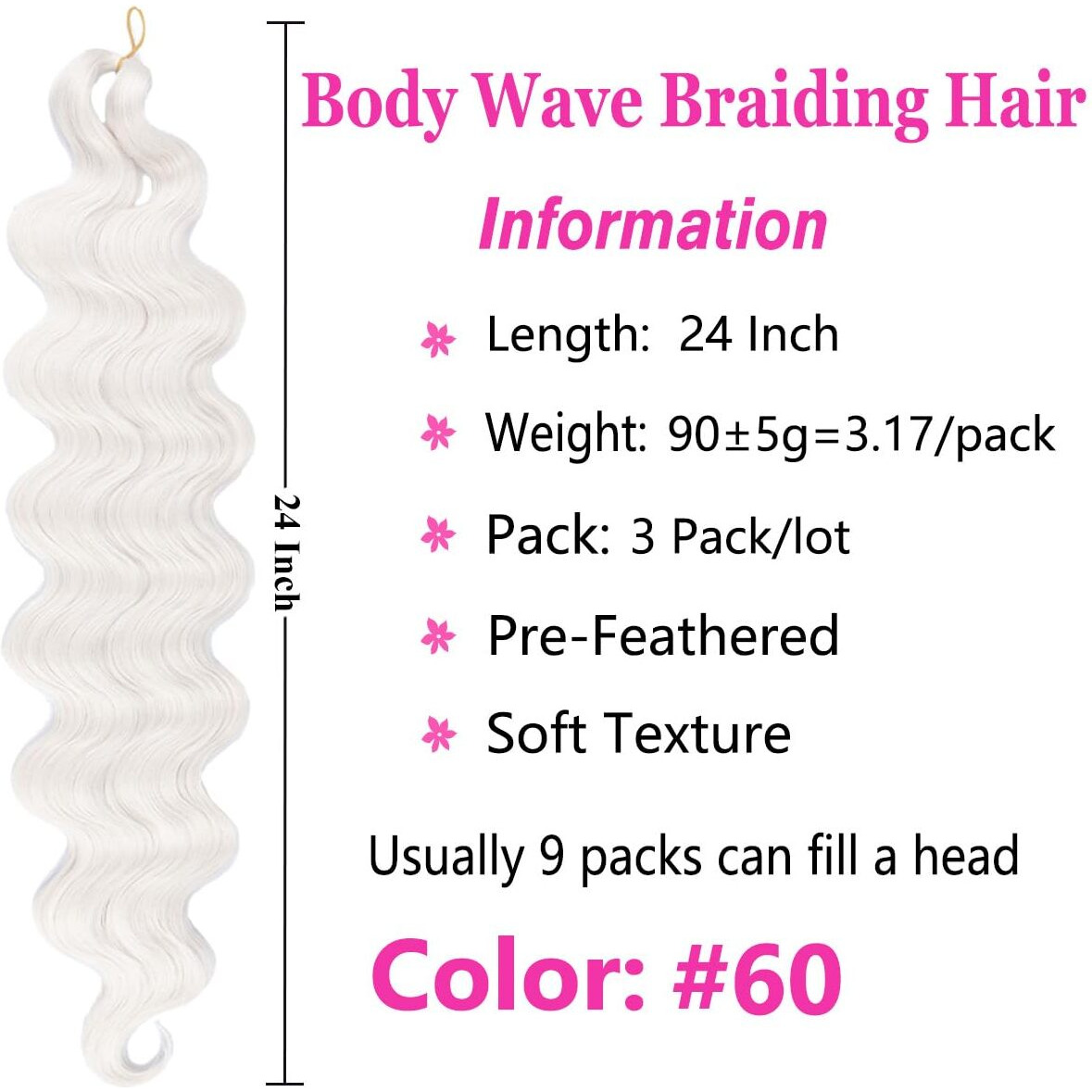 Cookoo 3 Packs White Body Wave Braiding Hair 24 Inch Pre-Feathered Bouncy French Curl Wavy Braiding Hair Wavy Texture Braiding Braids Synthetic Hair Extensions For Goddess Box Braids(White)