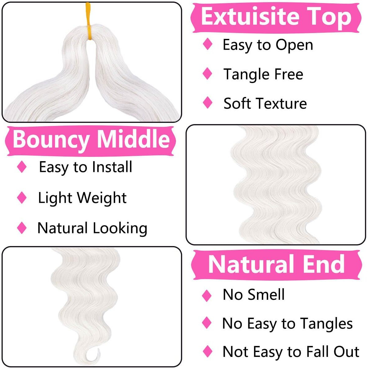Cookoo 3 Packs White Body Wave Braiding Hair 24 Inch Pre-Feathered Bouncy French Curl Wavy Braiding Hair Wavy Texture Braiding Braids Synthetic Hair Extensions For Goddess Box Braids(White)