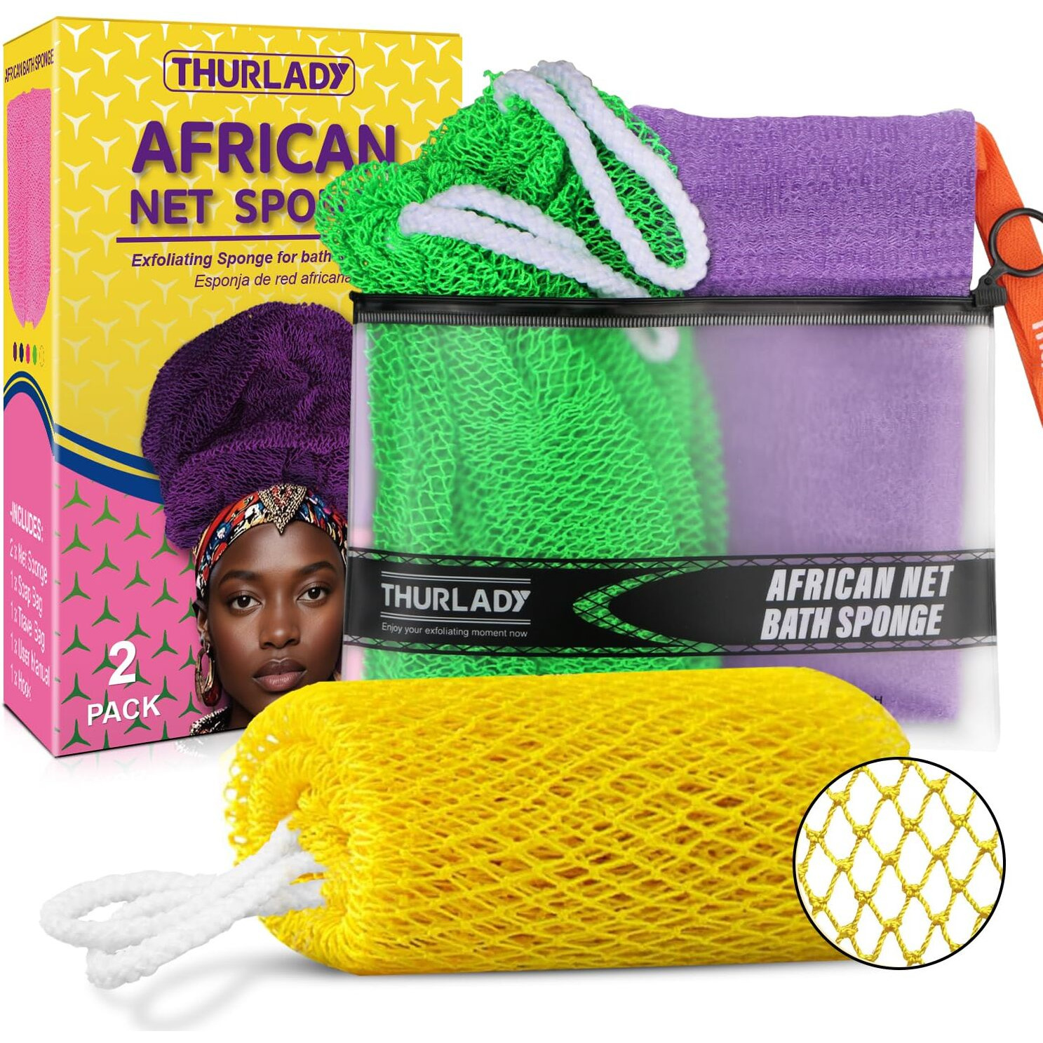 Thurlady African Net Sponge Authentic With Knots, African Scrub Bath Net, 2 Pieces Exfoliating Body Back Scrubber For Shower, Gentle Exfoliating Washcloth, With 1 Soap Bag (Yellow & Green)