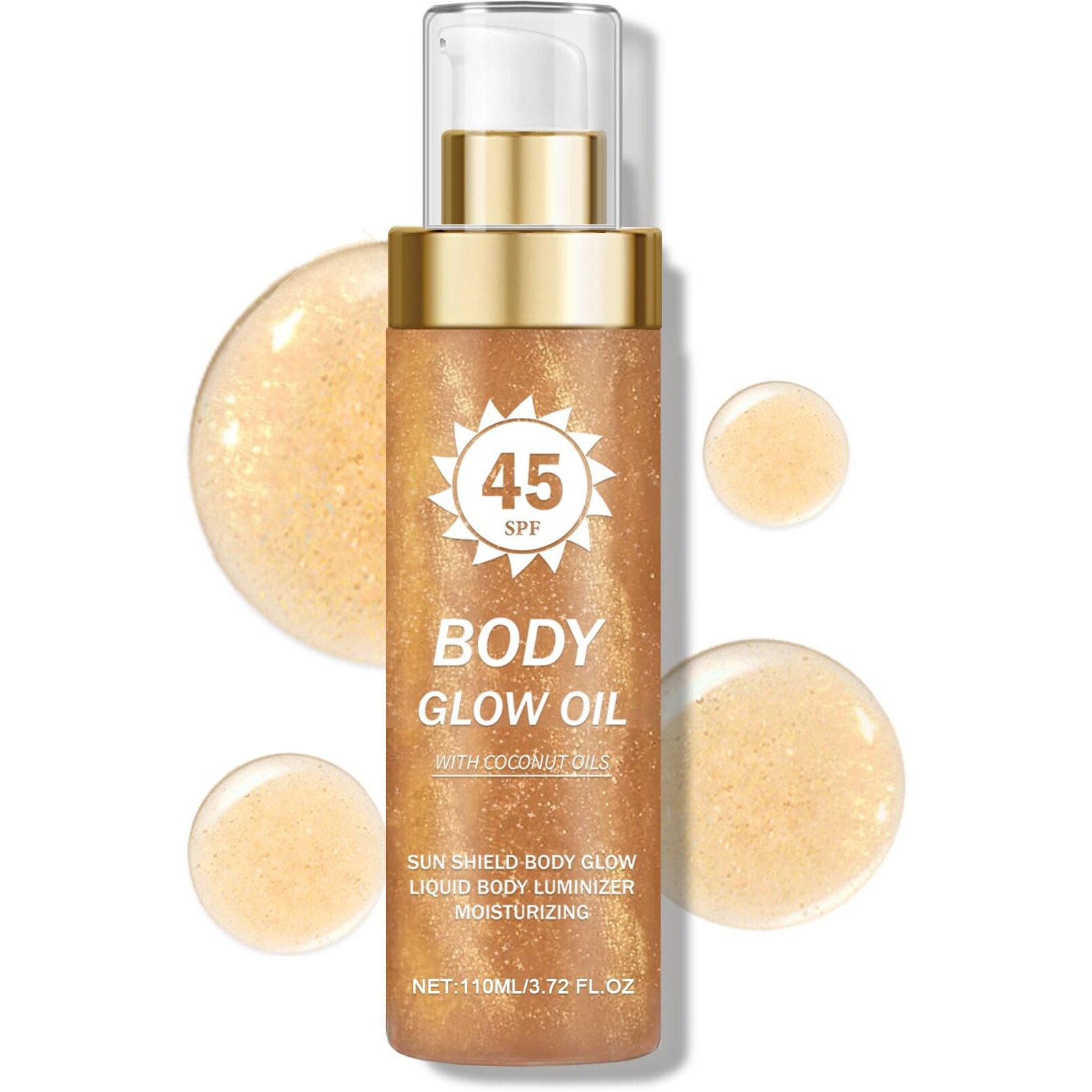 Aoazxbb Body Glow Oil,Spf 45 Broad Spectrum,Sunscreen Shimmer Body Oil With Coconut, Water Resistant,Lightweight Non-Sticky,Radiant Glow,3.72 Fl Oz, Amber
