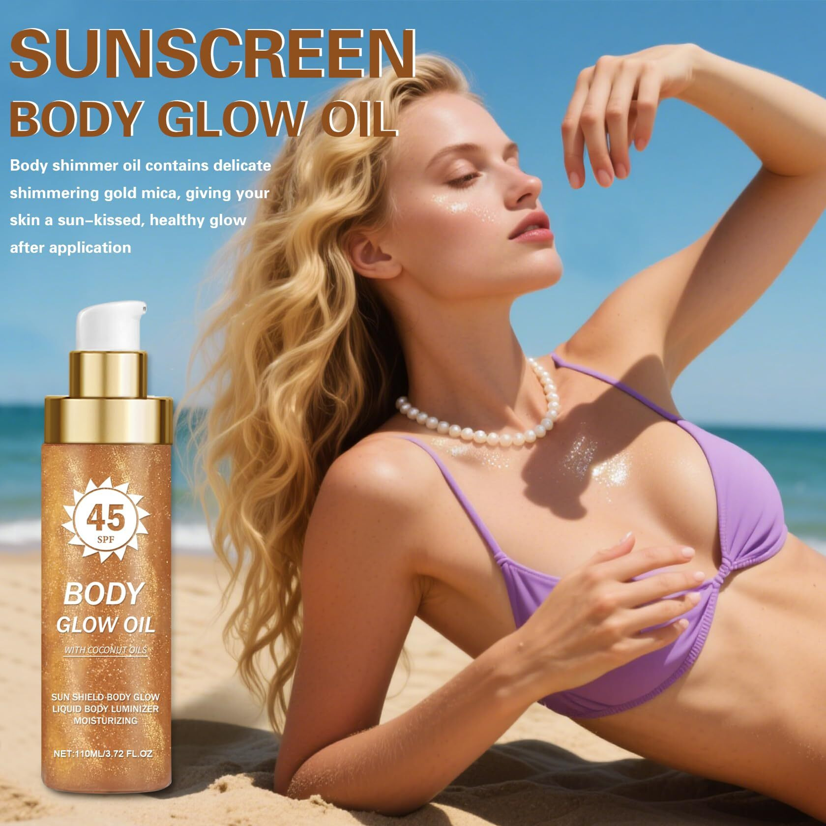 Aoazxbb Body Glow Oil,Spf 45 Broad Spectrum,Sunscreen Shimmer Body Oil With Coconut, Water Resistant,Lightweight Non-Sticky,Radiant Glow,3.72 Fl Oz, Amber