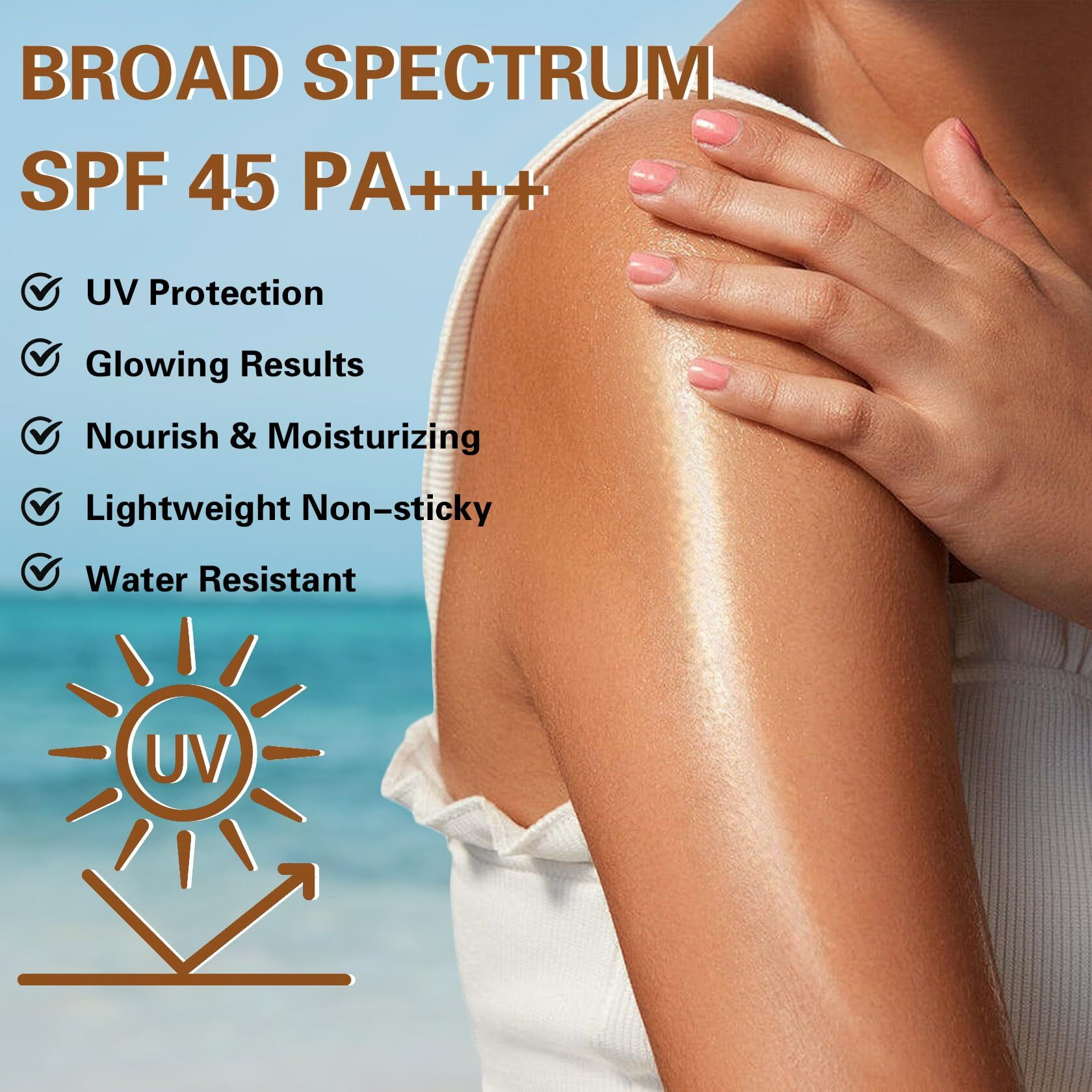 Aoazxbb Body Glow Oil,Spf 45 Broad Spectrum,Sunscreen Shimmer Body Oil With Coconut, Water Resistant,Lightweight Non-Sticky,Radiant Glow,3.72 Fl Oz, Amber