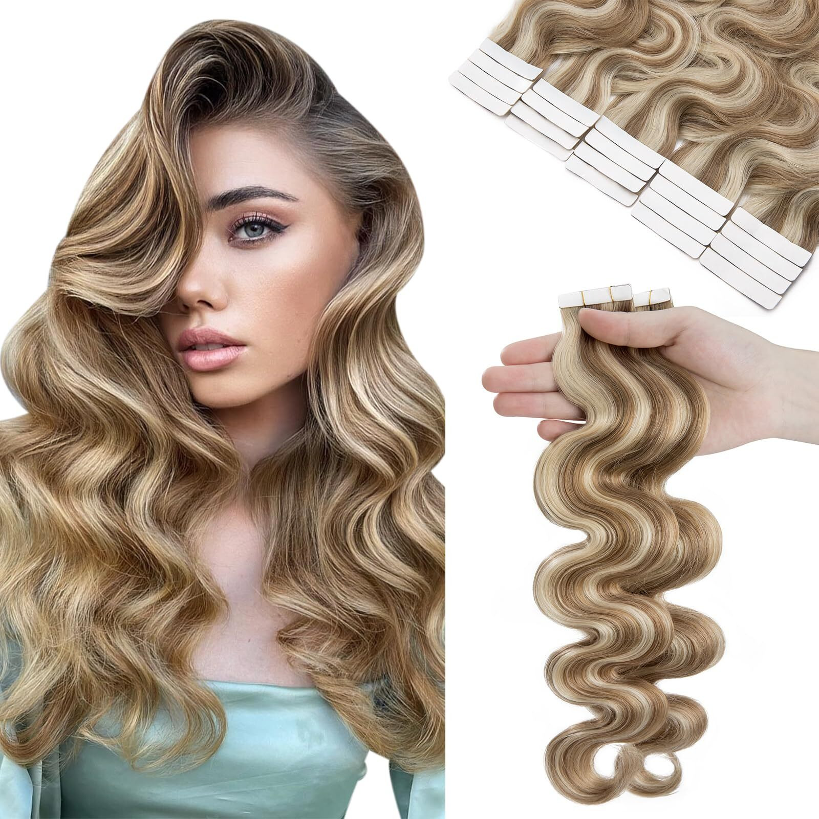Hairro 14 Inch Tape In Human Hair Extensions Body Wave 20Pcs 40G/Pack Highlight 12/613 Golden Brown Mix Bleach Blonde Long Wavy Seamless Skin Weft Glue In Human Hairpieces Balayage
