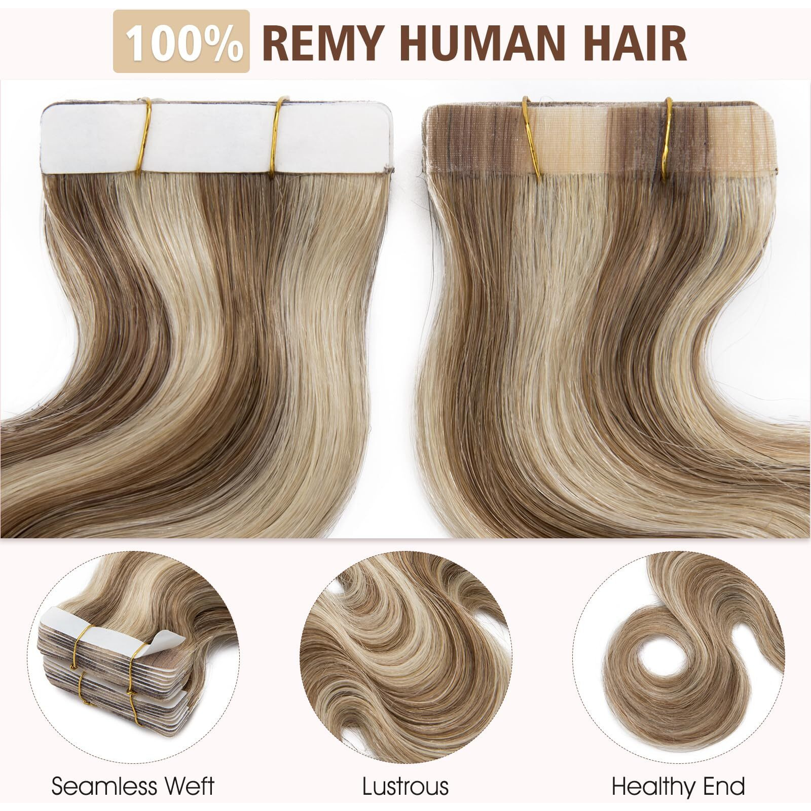 Hairro 14 Inch Tape In Human Hair Extensions Body Wave 20Pcs 40G/Pack Highlight 12/613 Golden Brown Mix Bleach Blonde Long Wavy Seamless Skin Weft Glue In Human Hairpieces Balayage