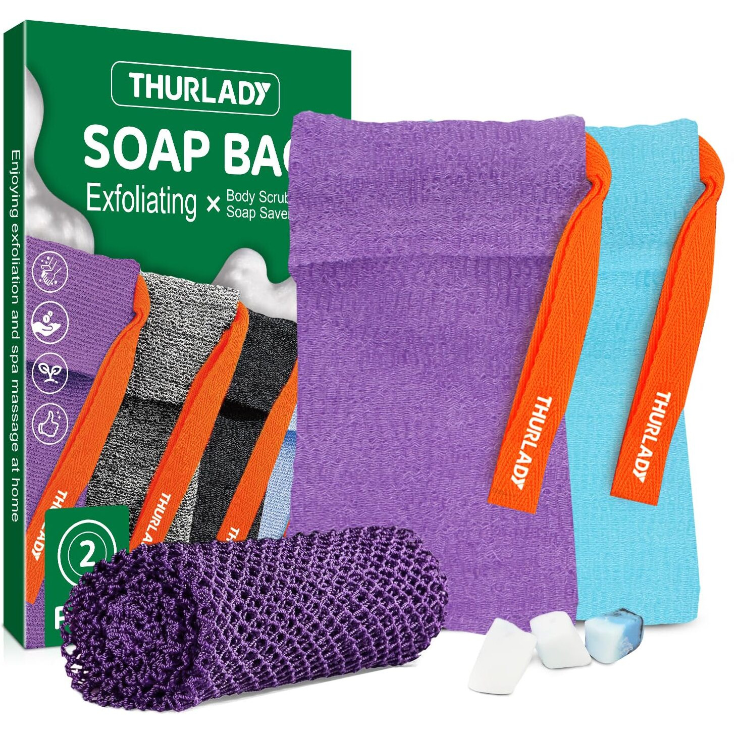 Thurlady Reusable Deep Exfoliating Soap Bag, 2 Pack Soap Saver Bag, With 1 African Net Sponge, Exfoliating Body Scrubber, Body Sponges For Shower, Bath Loofah, With 1 Travel Pouch