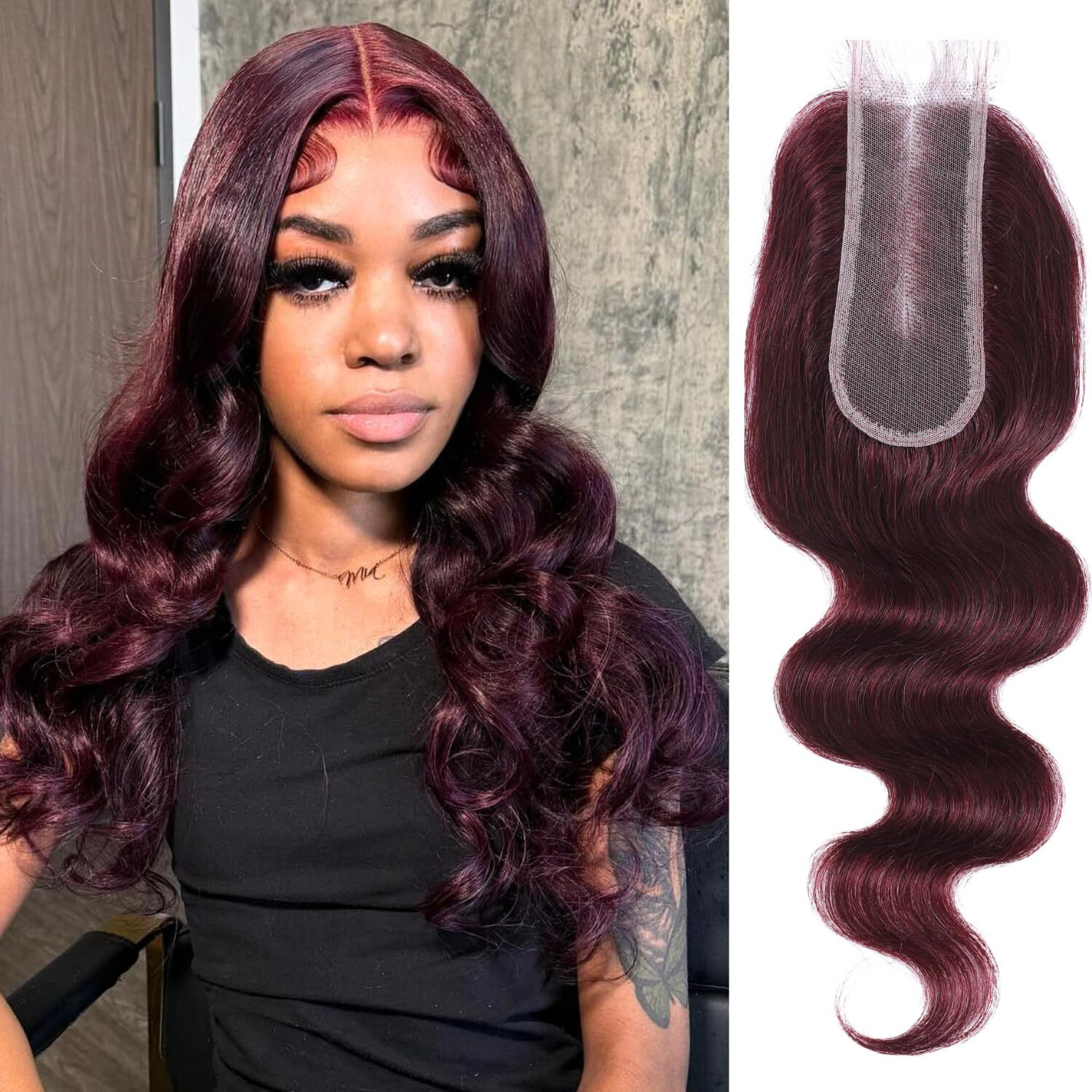Alher Dark Burgundy 2X6 Hd Lace Closure Human Hair Body Wave, 12A Wine Red 99J Long Deep Parting 2 By 6 Hd Transparent Lace Closure Middle Part Kim K Closure Wavy With Baby Hair (2X6 Closure, 12 Inch)