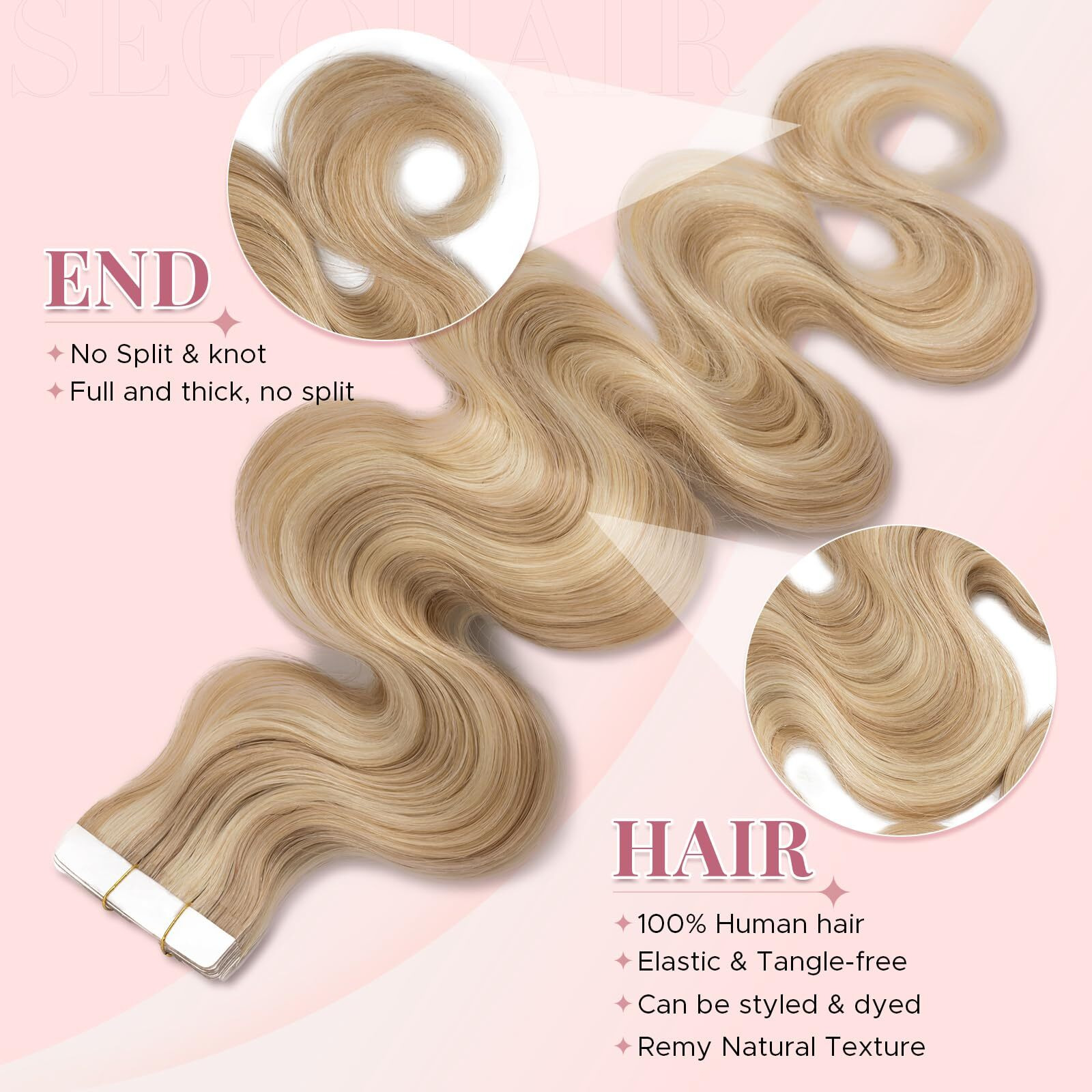 Segohair Wavy Tape In Hair Extensions Real Human Hair With Double-Sided Adhesive Professional Hair Extensions For Women 20Pcs Body Wave 14 Inches Dark Blond Mixed Bleach Blond