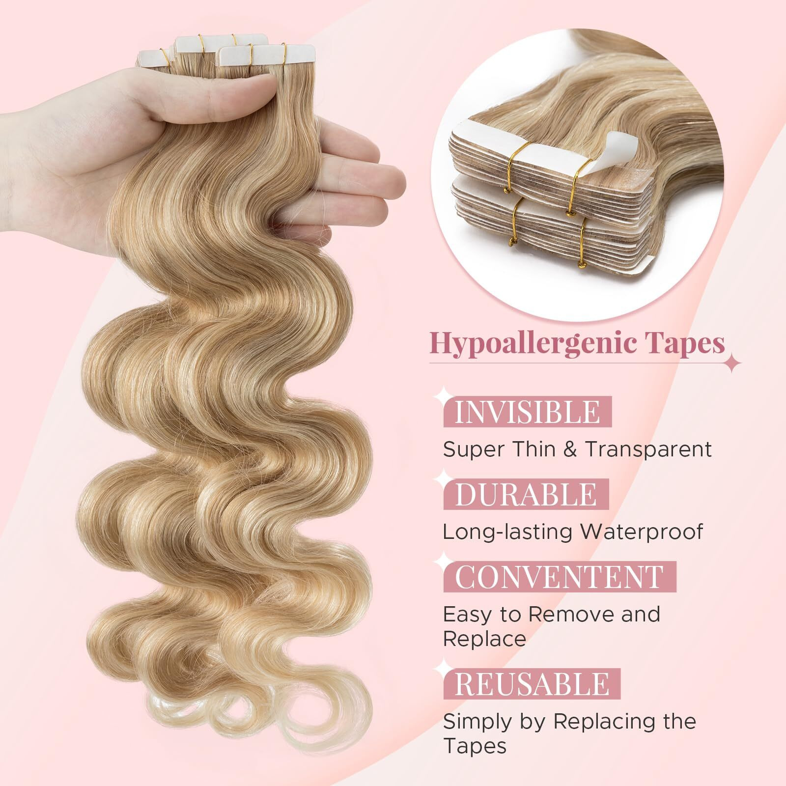 Segohair Wavy Tape In Hair Extensions Real Human Hair With Double-Sided Adhesive Professional Hair Extensions For Women 20Pcs Body Wave 14 Inches Dark Blond Mixed Bleach Blond