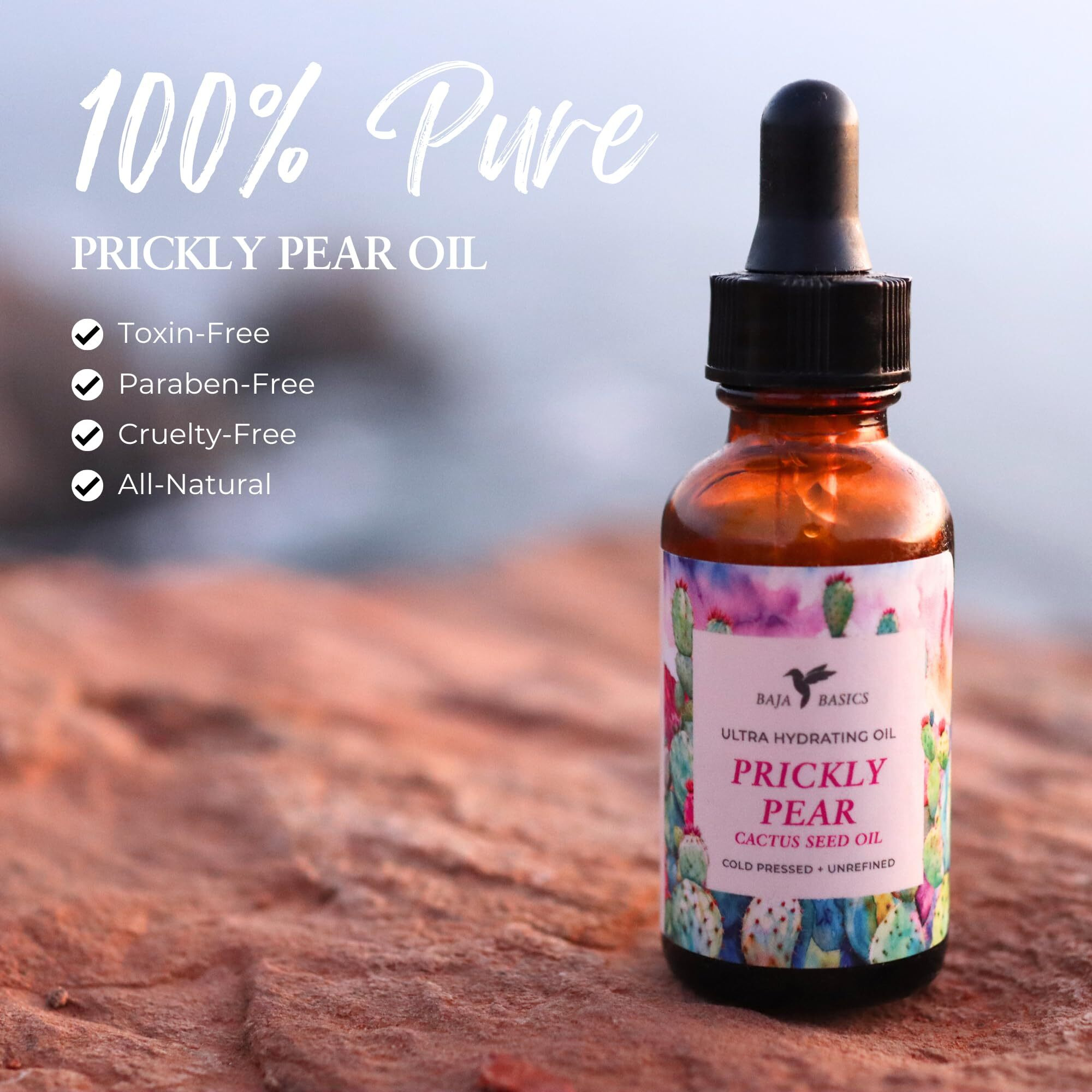 Baja Basics Prickly Pear Seed Oil - Pure & Organic, Extra Virgin, Cold Pressed Facial Oil For Glowing Skin - Natural Moisturizer For Face, Hair & Body - Gua Sha - Scar Treatment - 2 Oz
