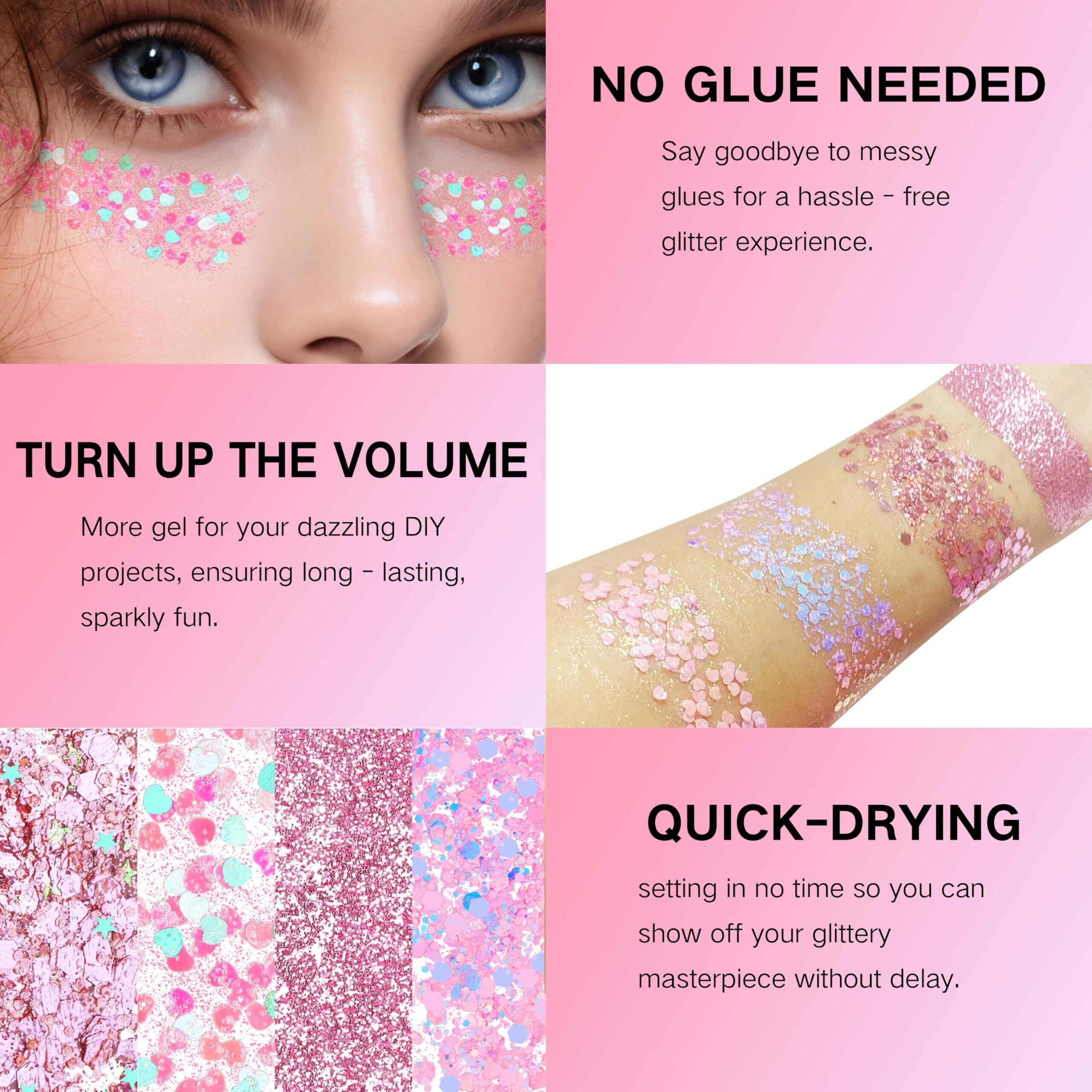 Paminify Pink Face Glitter Gel,10G/Pc 4 Styles Body Glitter Mermaid Costume For Kids,Singer Concert Outfit For Women,Sparkling Hair Glitter Makeup Rave Festival Accessories,40G/1.41 Oz