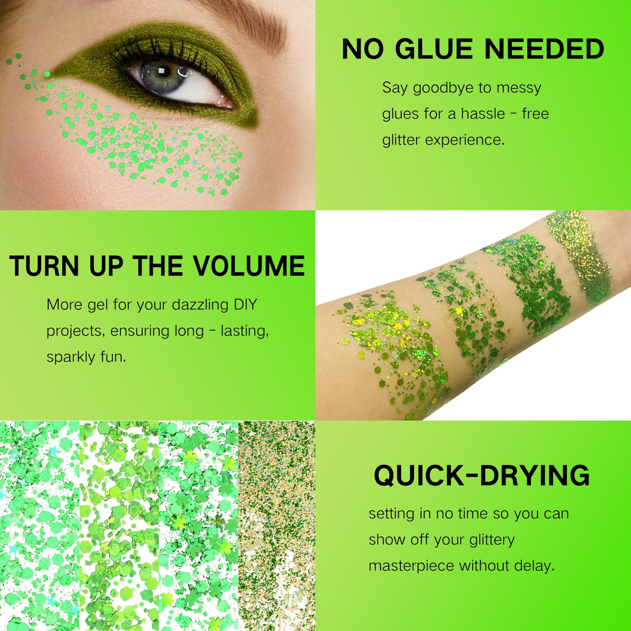 Paminify Green Face Glitter Gel,4 Styles St Patricks Day Body Glitter,Singer Concert Outfit For Women,Sparkling Hair Glitter Makeup Rave Festival Accessories,40G/1.41 Oz