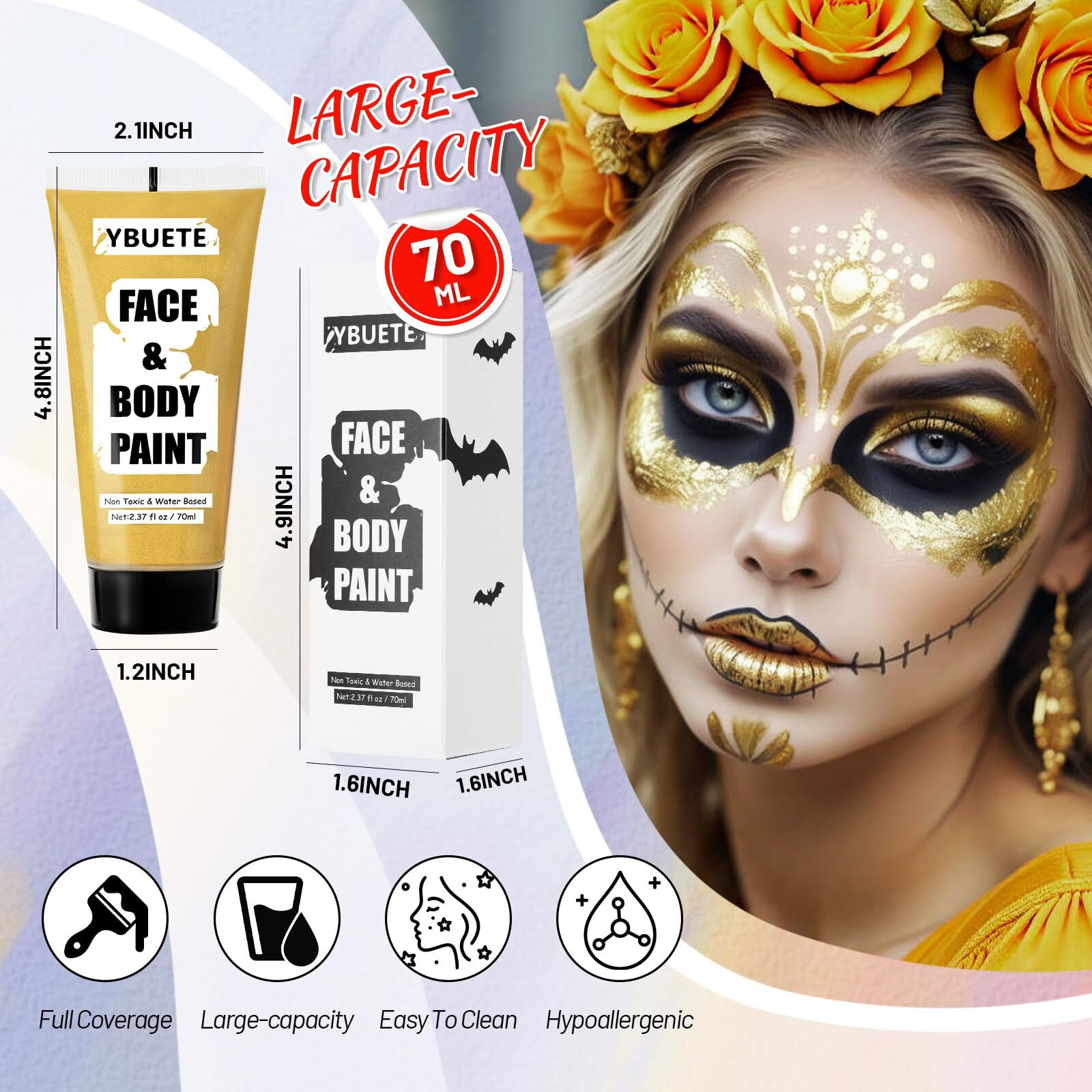 Ybuete Gold Water Based Face Body Paint, 2.37 Oz Large Tube Full Coverage Face Paint For Skull Goth Cosplay Makeup, Washable Metallic Gold Body Painting Cream For Adult Carnival Halloween Sfx Makeup