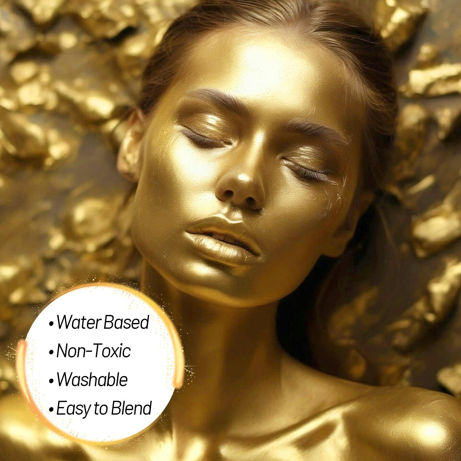 Ybuete Gold Water Based Face Body Paint, 2.37 Oz Large Tube Full Coverage Face Paint For Skull Goth Cosplay Makeup, Washable Metallic Gold Body Painting Cream For Adult Carnival Halloween Sfx Makeup