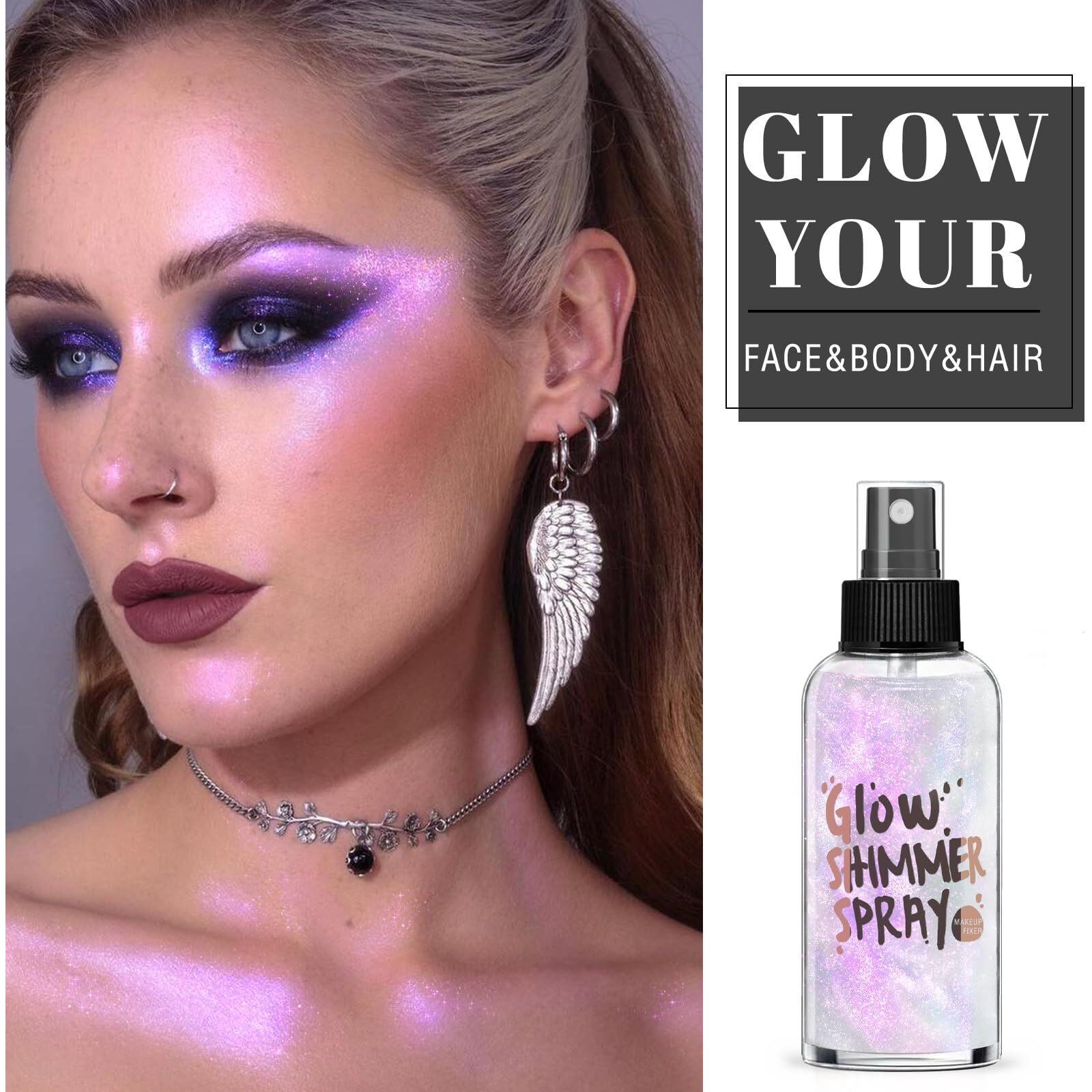 Hosaily Body Glitter Spray - White Mermaid Body Shimmer For Face, Hair & Body, Moisturizing Luminizer Glow Illuminator, Quick-Drying Sparkling Glitter Spray Liquid Highlighter Makeup (05)
