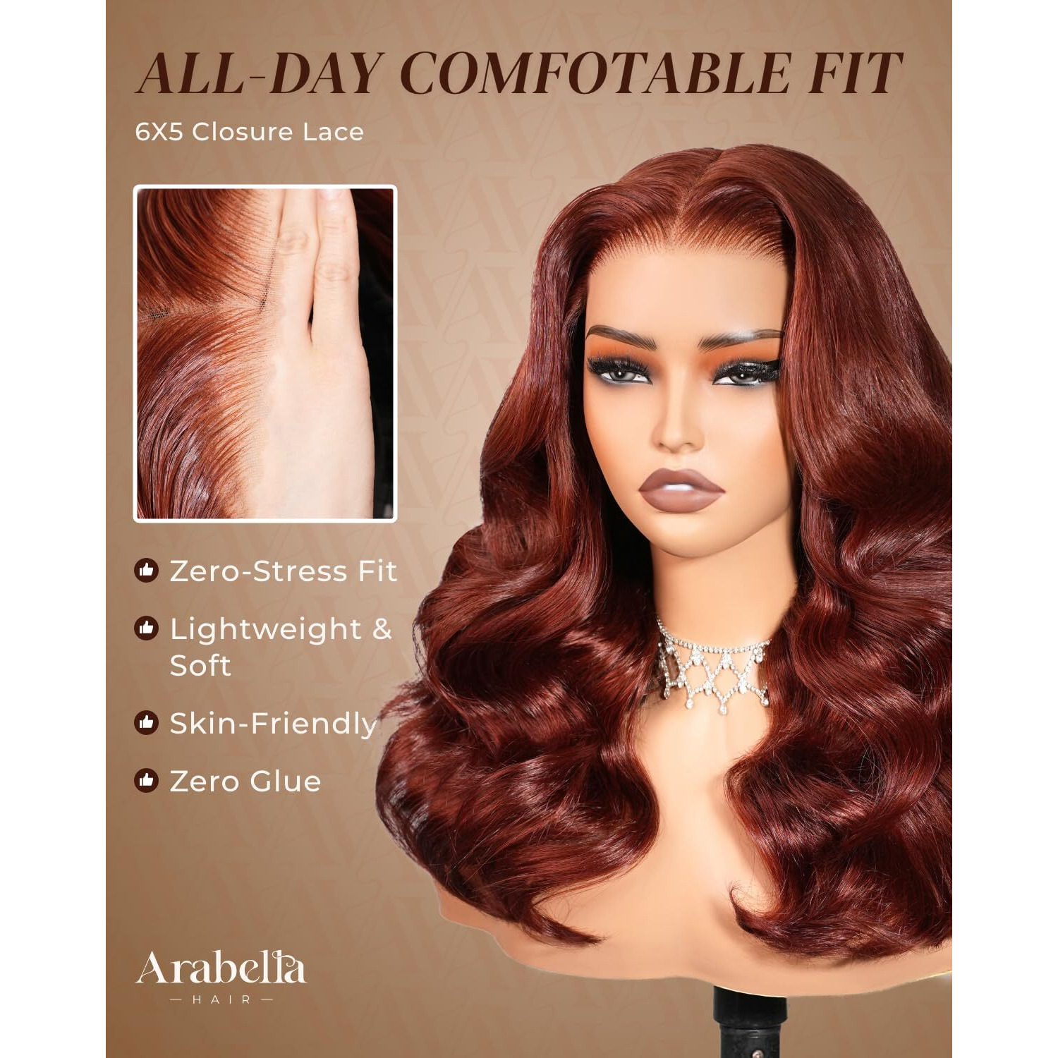 Arabella 5X6 Glueless Wigs 33 Reddish Brown Wigs Human Hair Pre Plucked Pre Cut 230% Density Glueless Wigs 100% Human Hair 12A Hair Wig Pre Plucked Bleached Knots Loose Body Wave Wig 20Inch