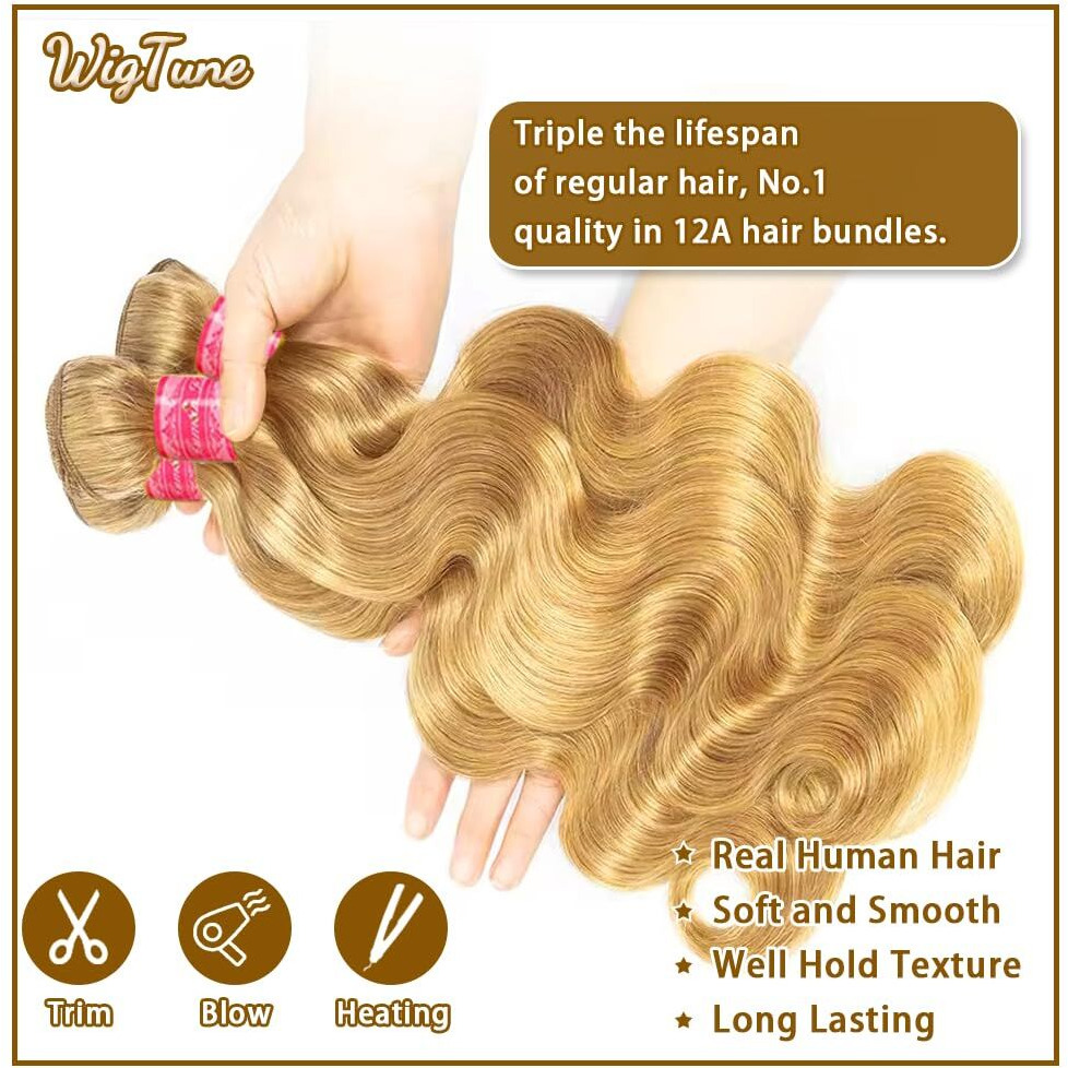 Honey Blonde Body Wave Bundles Human Hair 12A Raw Hair No.1 Color 27 Bundles Human Hair 14 16 18 Inch 100% Unprocessed Brazilian Virgin Hair For Black Women