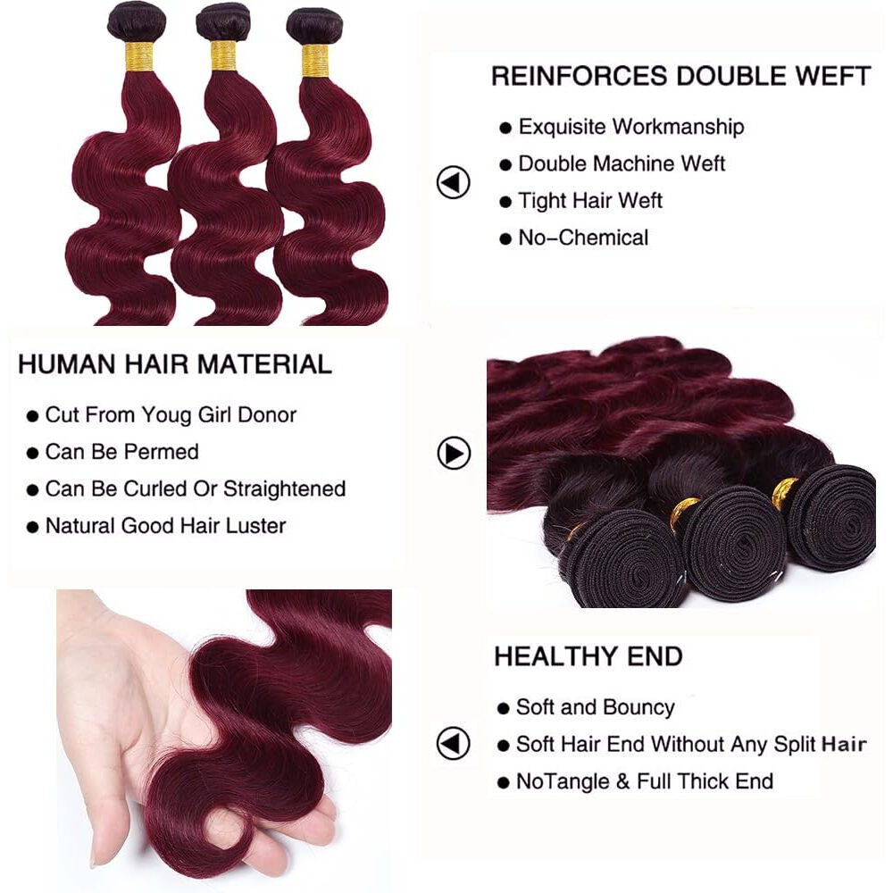 Burgundy Bundles 1B99J Body Wave Bundles Ombre Burgundy Human Hair Bundles 14 16 18 Inch Soft And Healthy Unprocessed Brazilian Virgin Remy Hair Extensions