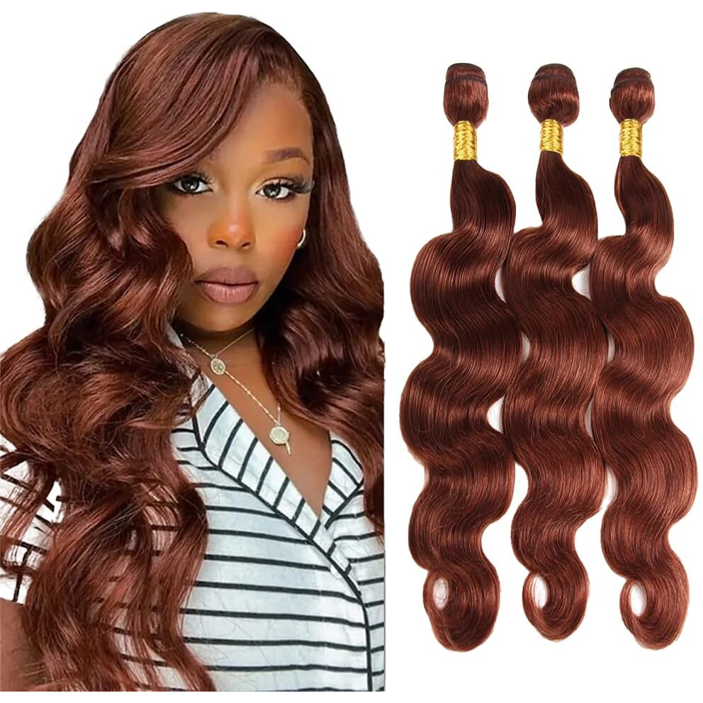 Niciitysi Color 33 Bundles Human Hair Reddish Brown Body Wave Bundles 8 10 12 Inch Double Weft Brazilian Virgin Hair Extensions Auburn Silky Soft For Women