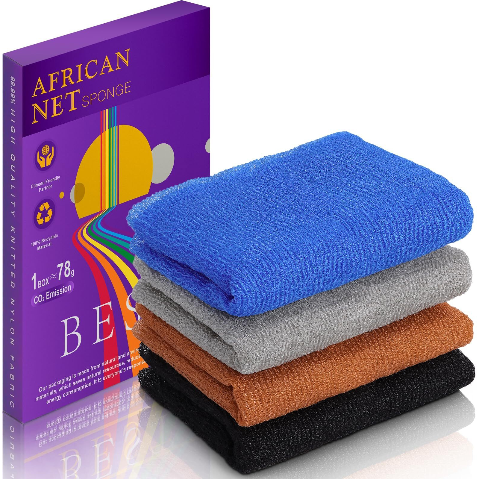 Spiralscgv Exfoliating Washcloth 4-Pieces - Extra Exfoliating African Net Sponge For Body & Face, Dual-Sided Scrubber, Quick-Dry & Long-Lasting(Blue Gray Brown Black)