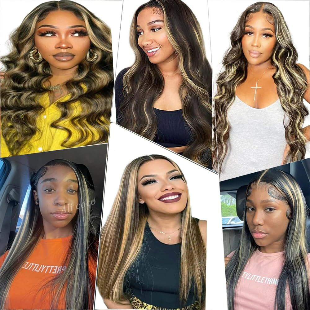 Niciitysi P1B/27 Human Hair Highlight Body Wave Bundles Double Weft Brazilian Hair Extensions 10 12 14 Inch Ombre Two Tone Black Mixed With Honey Blonde Bundles
