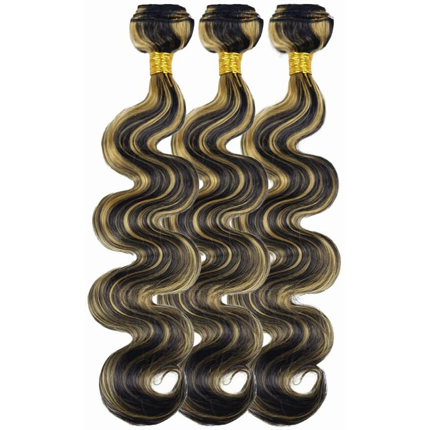 Niciitysi P1B/27 Human Hair Highlight Body Wave Bundles Double Weft Brazilian Hair Extensions 10 12 14 Inch Ombre Two Tone Black Mixed With Honey Blonde Bundles
