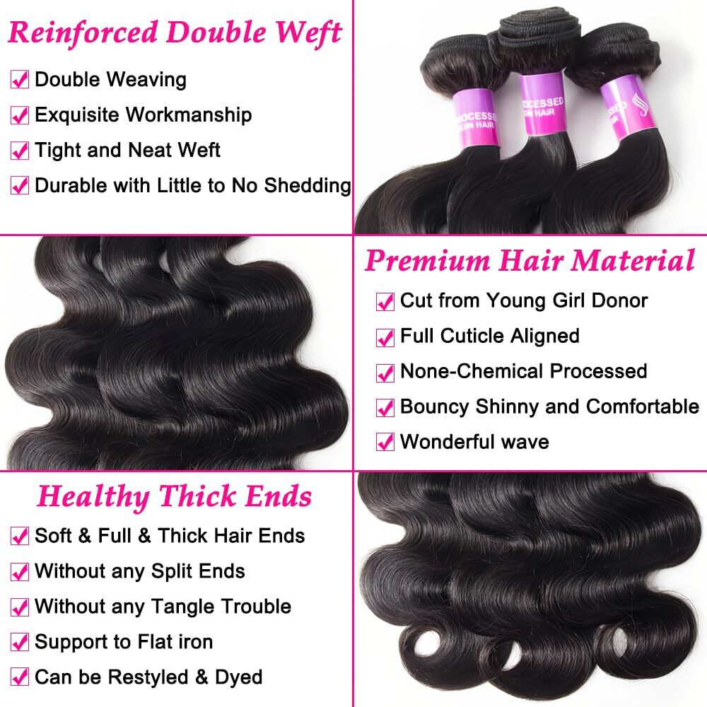12A Human Hair Bundles 300G Body Wave Bundles Human Hair Extensions 26 28 30 Inch Brazilian Virgin Body Wave 3 Pieces Deals Unprocessed Brazilian Quick Weave Extensions Natural Black