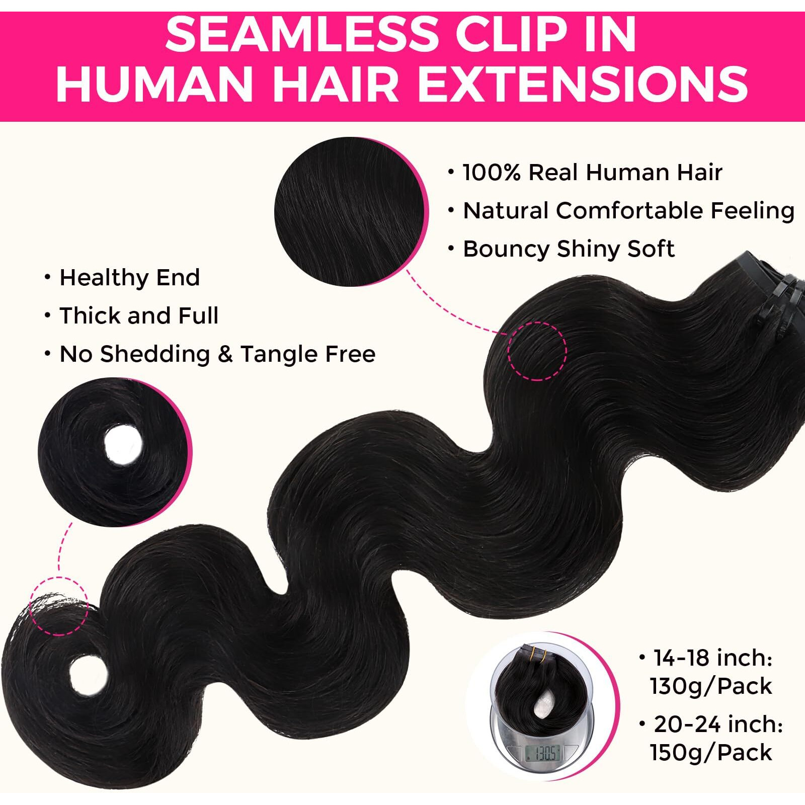 Lashey Seamless Clip In Hair Extensions Human Hair 9Pcs Body Wave 1 Jet Black 150G 24 Inch Clip In Hair Extensions With Pu Soft Invisi Edge For Women