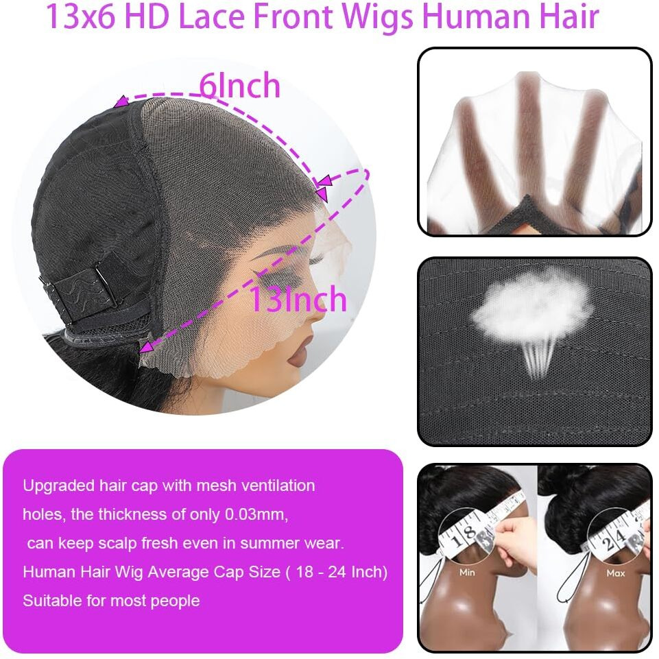 24 Inch 13X6 Body Wave Lace Front Wigs Human Hair 200 Density Hd Transparent Lace Frontal Wigs Human Hair Elastic Drawstring Glueless Wigs Human Hair Wig For Black Women (Black, 24 Inch, Body)