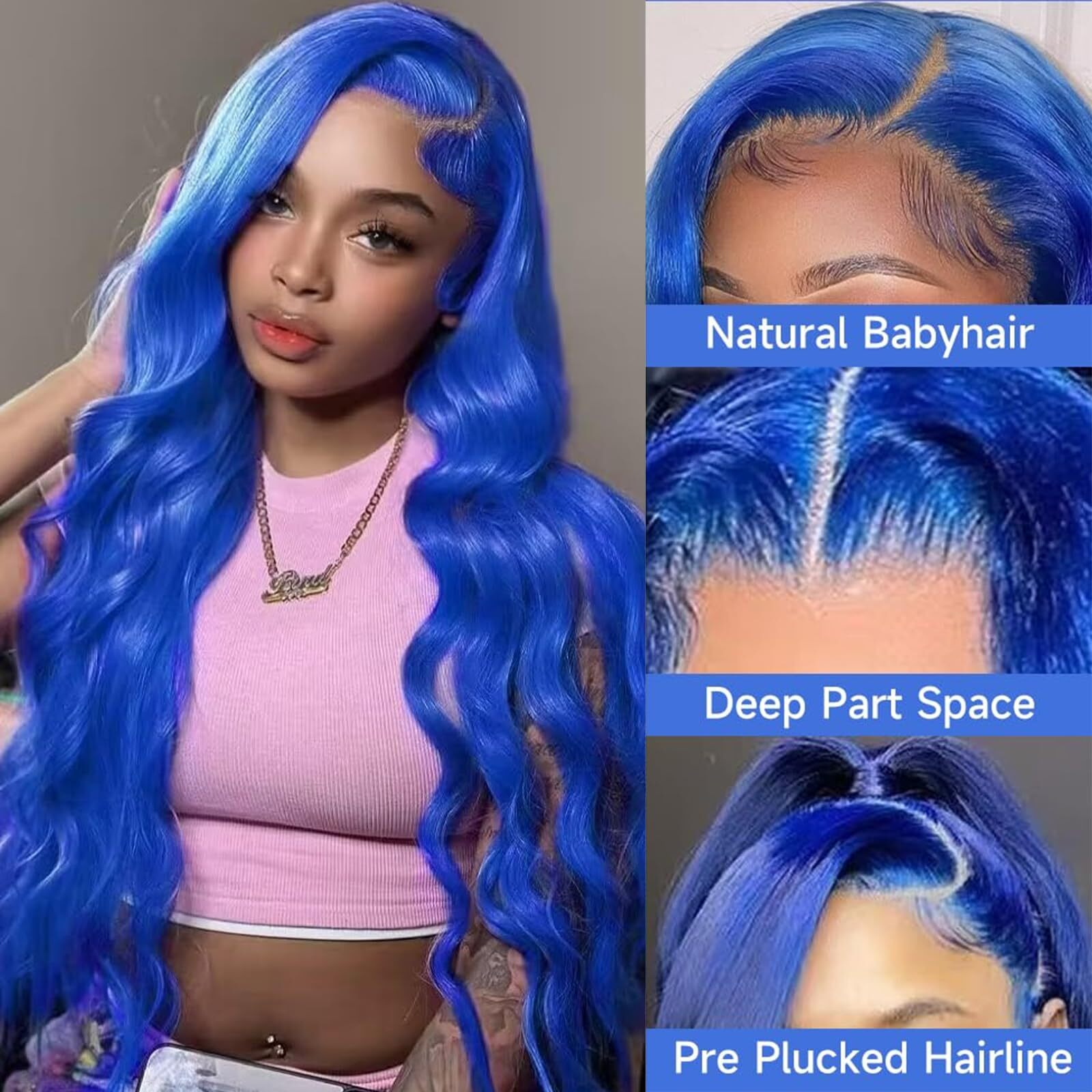 Huangcai Blue Lace Front Wig - Human Hair, Body Wave, 13X4, 180% Density, Glueless Frontal Wig (28Inch)