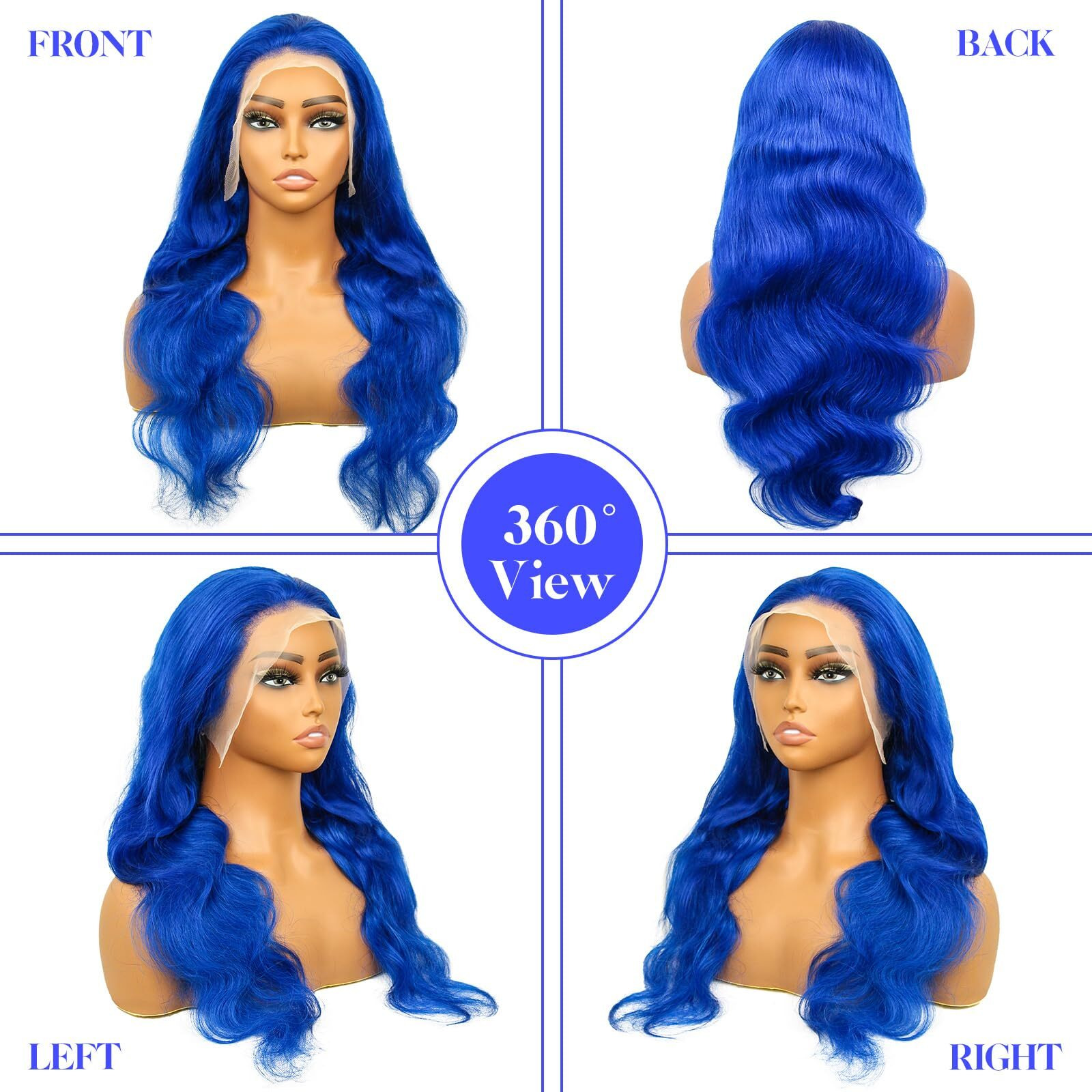 Huangcai Blue Lace Front Wig - Human Hair, Body Wave, 13X4, 180% Density, Glueless Frontal Wig (28Inch)