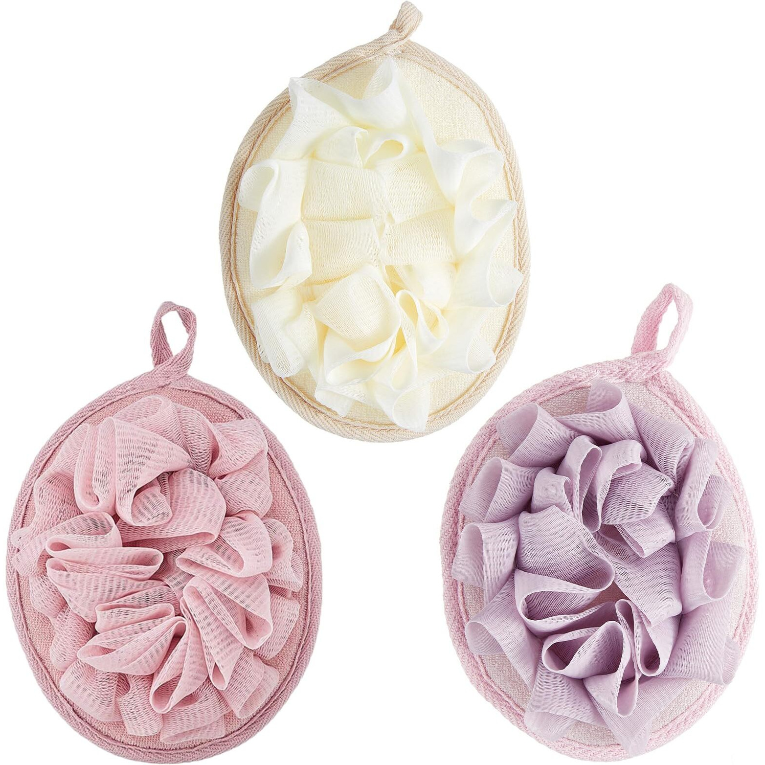Boao Bath Shower Pouf Sponge Mesh Pouf Shower Ball Exfoliating Body Sponge Pad Scrubber Glove With Flower Bath Ball(3 Pcs,Beige,Dark Pink Purple)