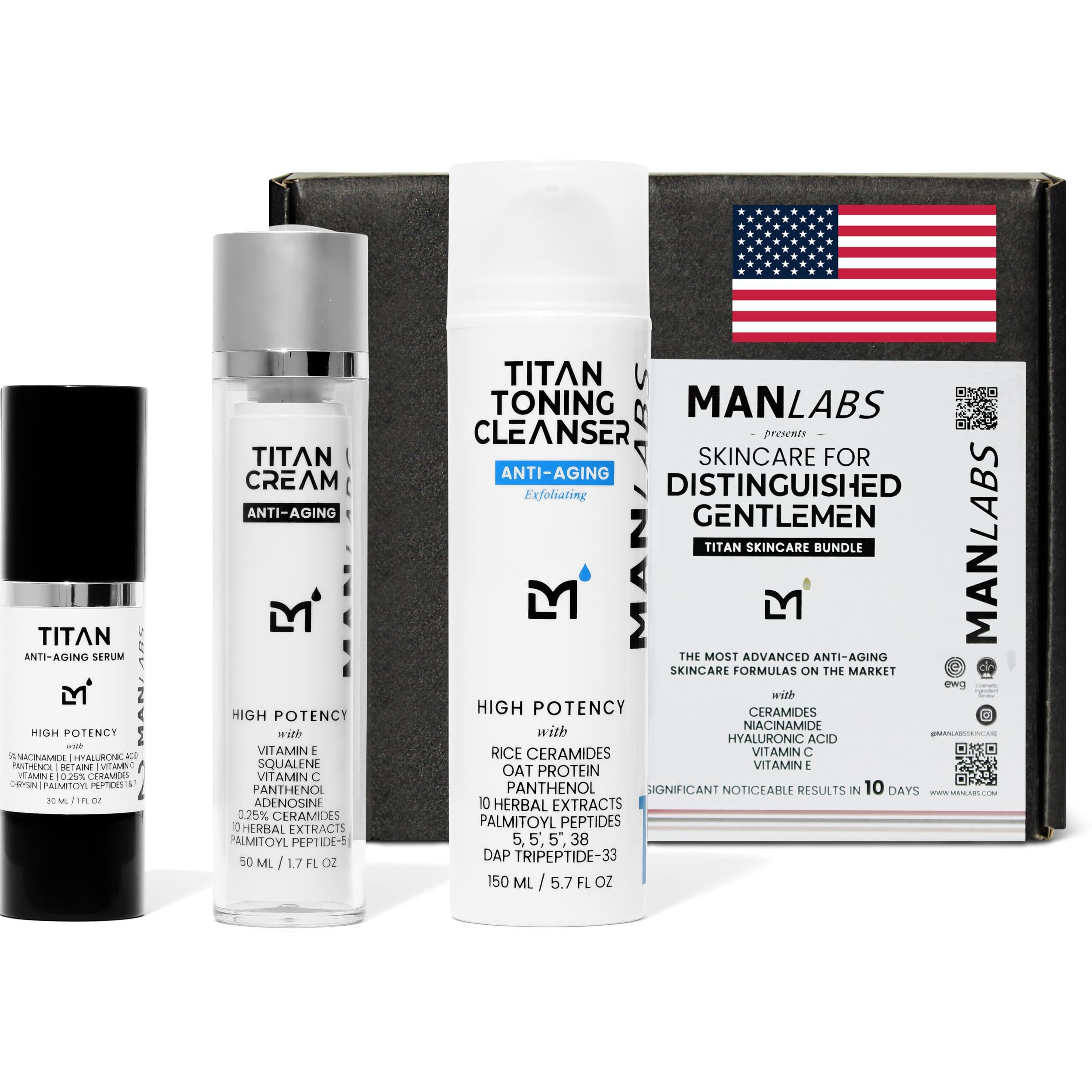 Man Labs Titan Men Skin Care Kit - Anti-Aging Mens Skincare Bundle With Toning Cleanser, Face Serum, And Facial Cream - Men's Hygiene Essentials With Niacinamide, Peptides, Ceramides, Hyaluronic Acid