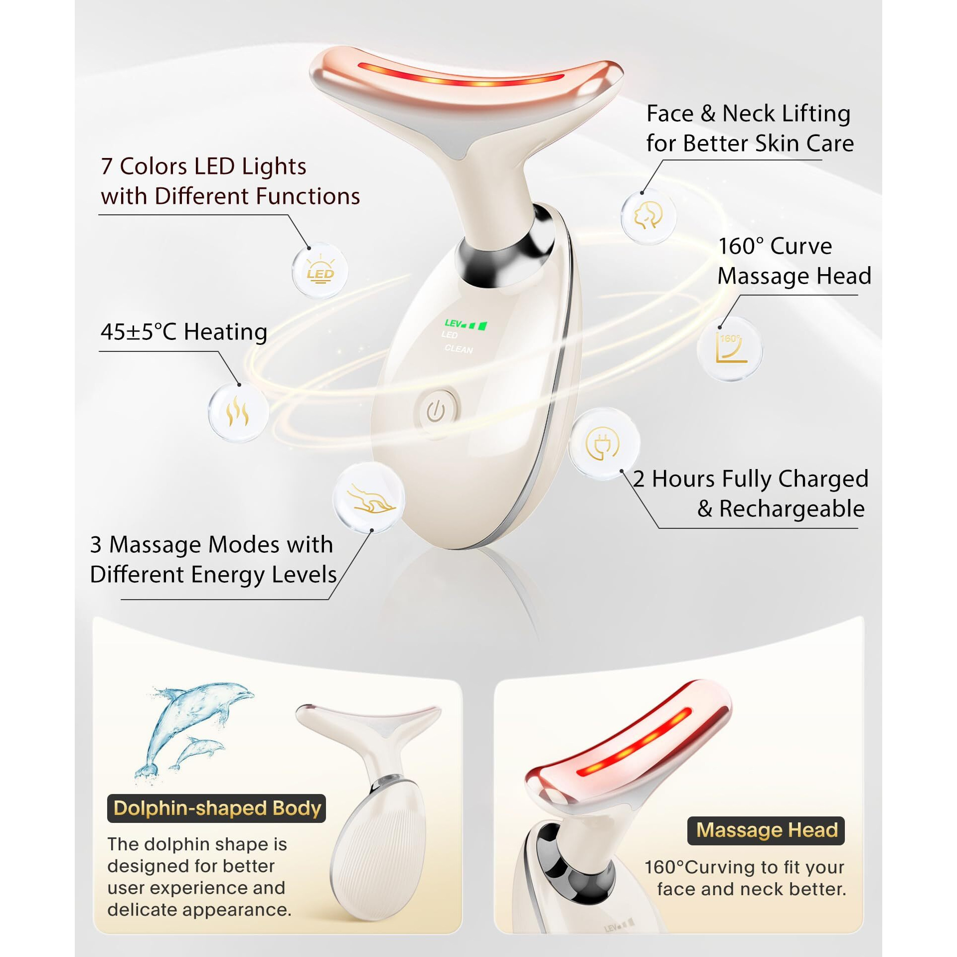 Elishine Red Light Therapy For Face And Neck, 7 Color Beauty Face Massager Tool, Vibrating Facial Massager With Thermals For Wrinkles, Double Chin, Milky White