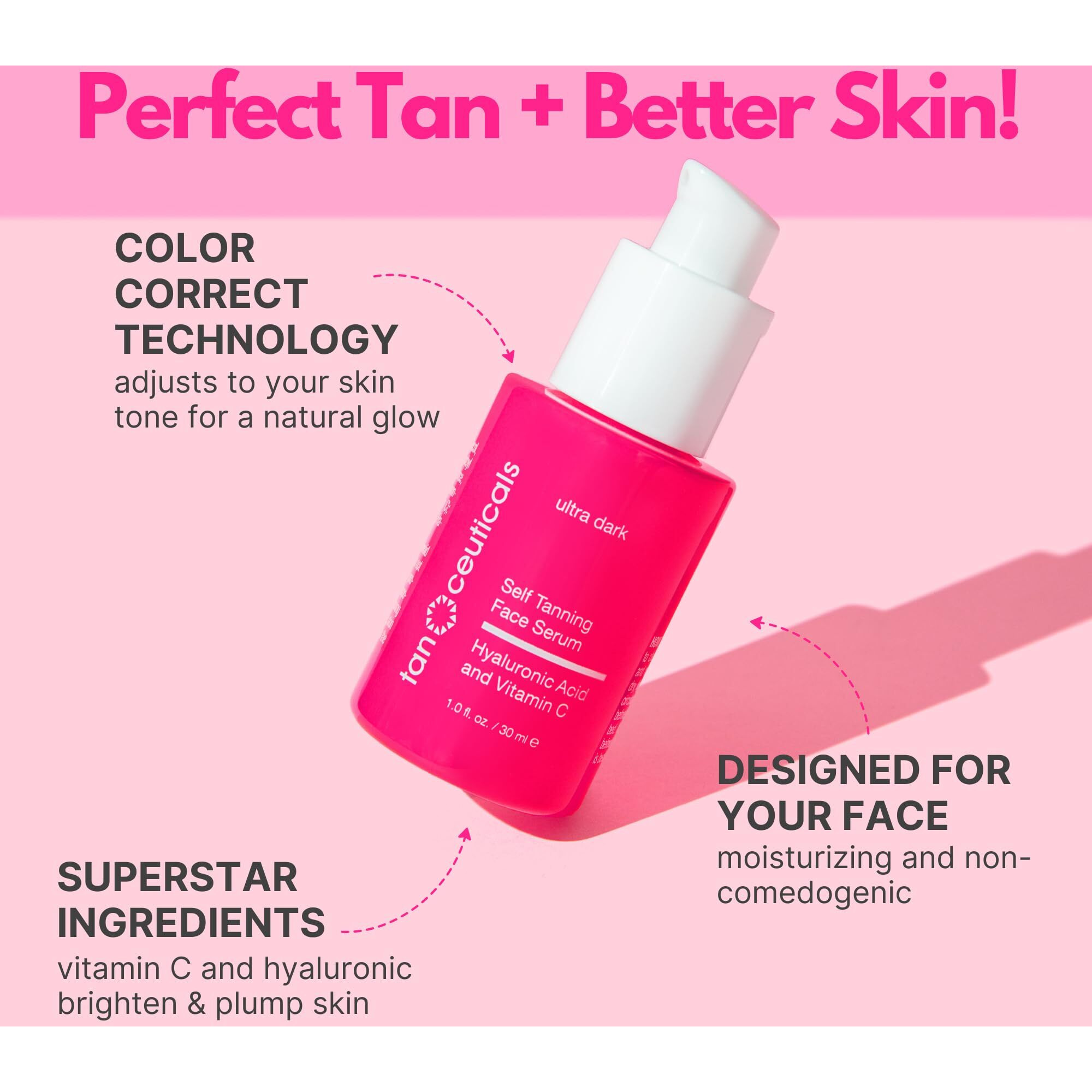 Tanceuticals Self Tanning Face Serum - Color-Correcting And Hydrating With Vitamin C & Hyaluronic - Facial Self Tanner For Natural Looking & Long Lasting Sunless Tan - 1 Oz (Ultra Dark)