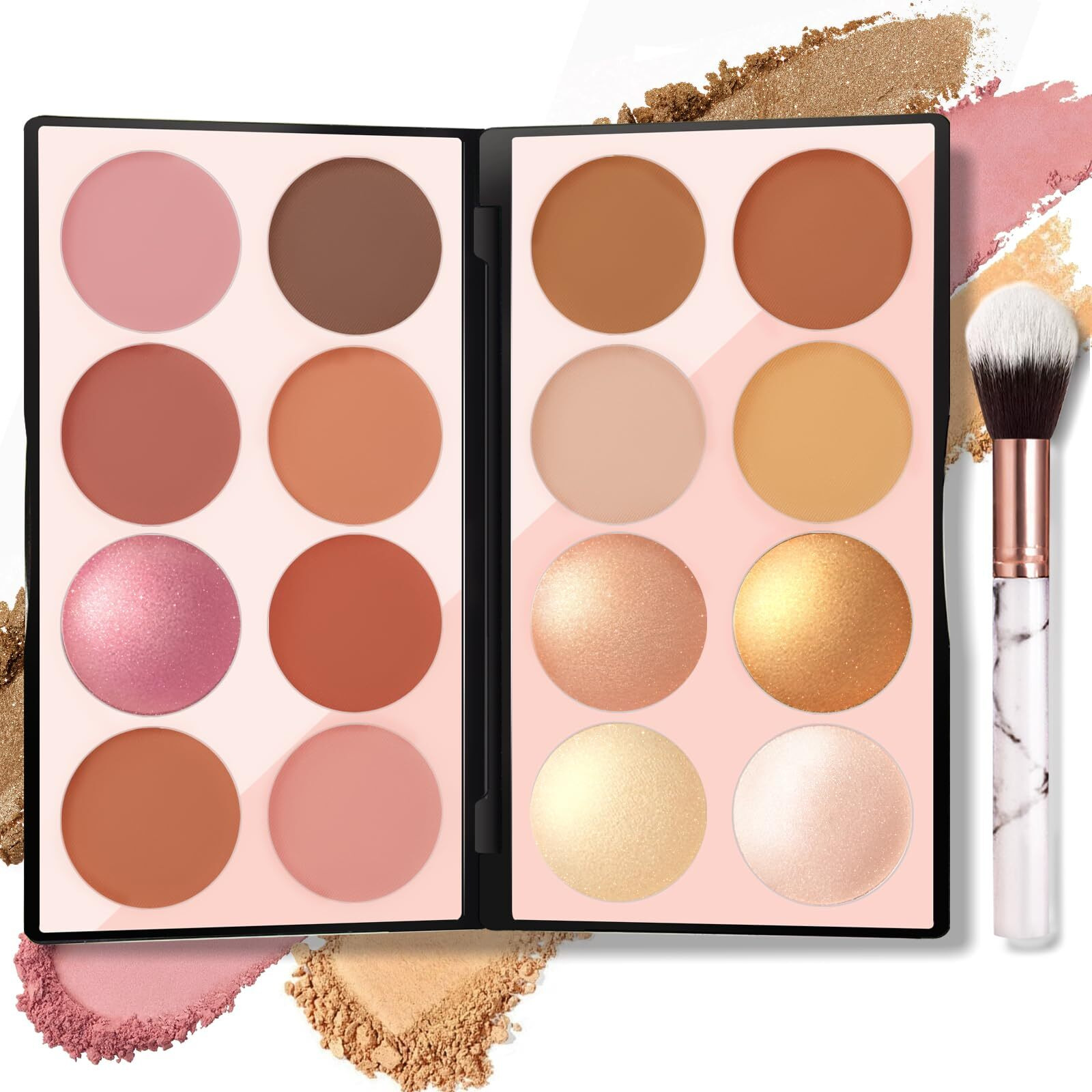 Newbang 16 Colors Blush Contour Highlighter Makeup Palette With Brush, Matte Mineral Face Blush Powder For Cheek, Bright Shimmer Illuminator Bronzer Professional Facial Beauty Makeup Blushes Set