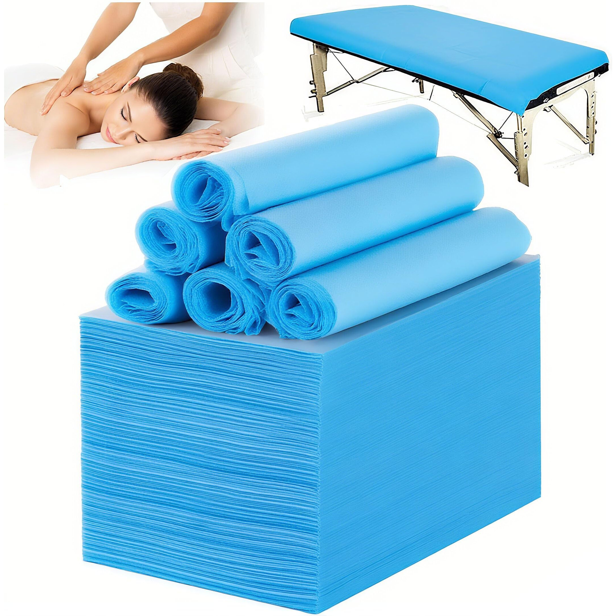 Shenkuai 100 Pcs Disposable Massage Table Sheets Spa Bed Covers 71"&quotX31"" -Non Woven Fabric Waterproof Protector For Waxing, Tattoo, Beauty Salon,Facial, Esthetician Table Bed (Blue)