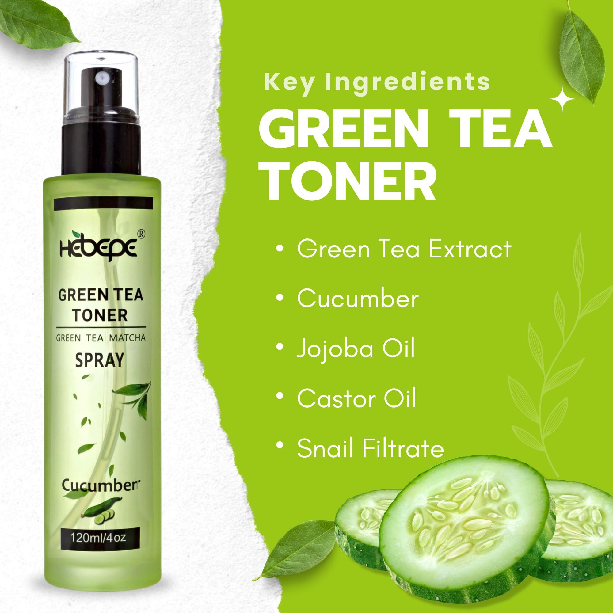 Hebepe Green Tea Matcha Facial Toner Mist With Cucumber, Refreshing, And Soothing Face Toner, With Jojoba Oil, Castor Oil, Snail Filtrate,120Ml