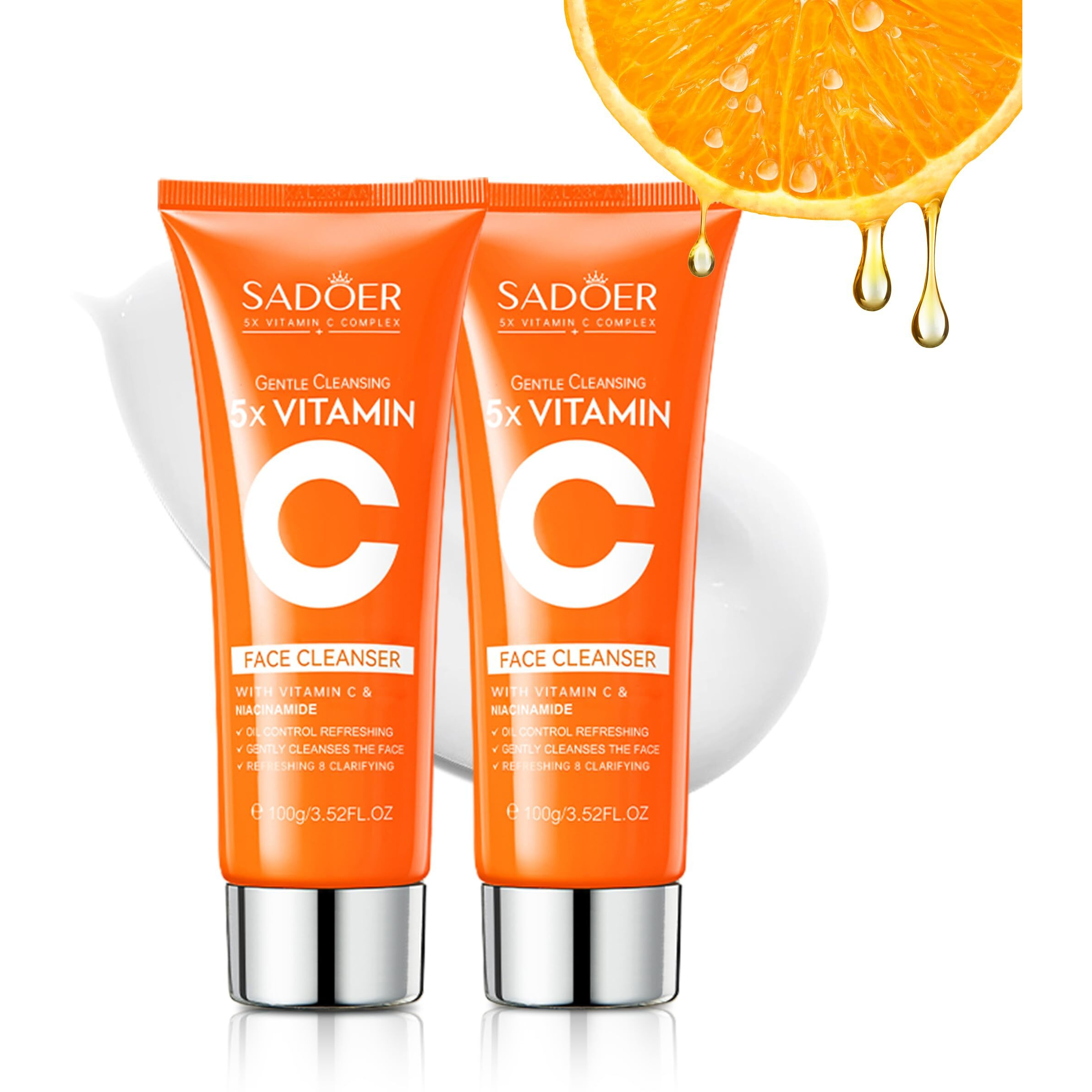 5X Vitamin C Face Cleanser 100G(2 Bottle) ,Sadoer Facial Cleanser Niacinamide & Hyaluronic Acid, Gentle Pore Refining Daily Wash For Oily &Dull Skin,Clear,Oil Balancing,Tiktok Popular Skincare Gift