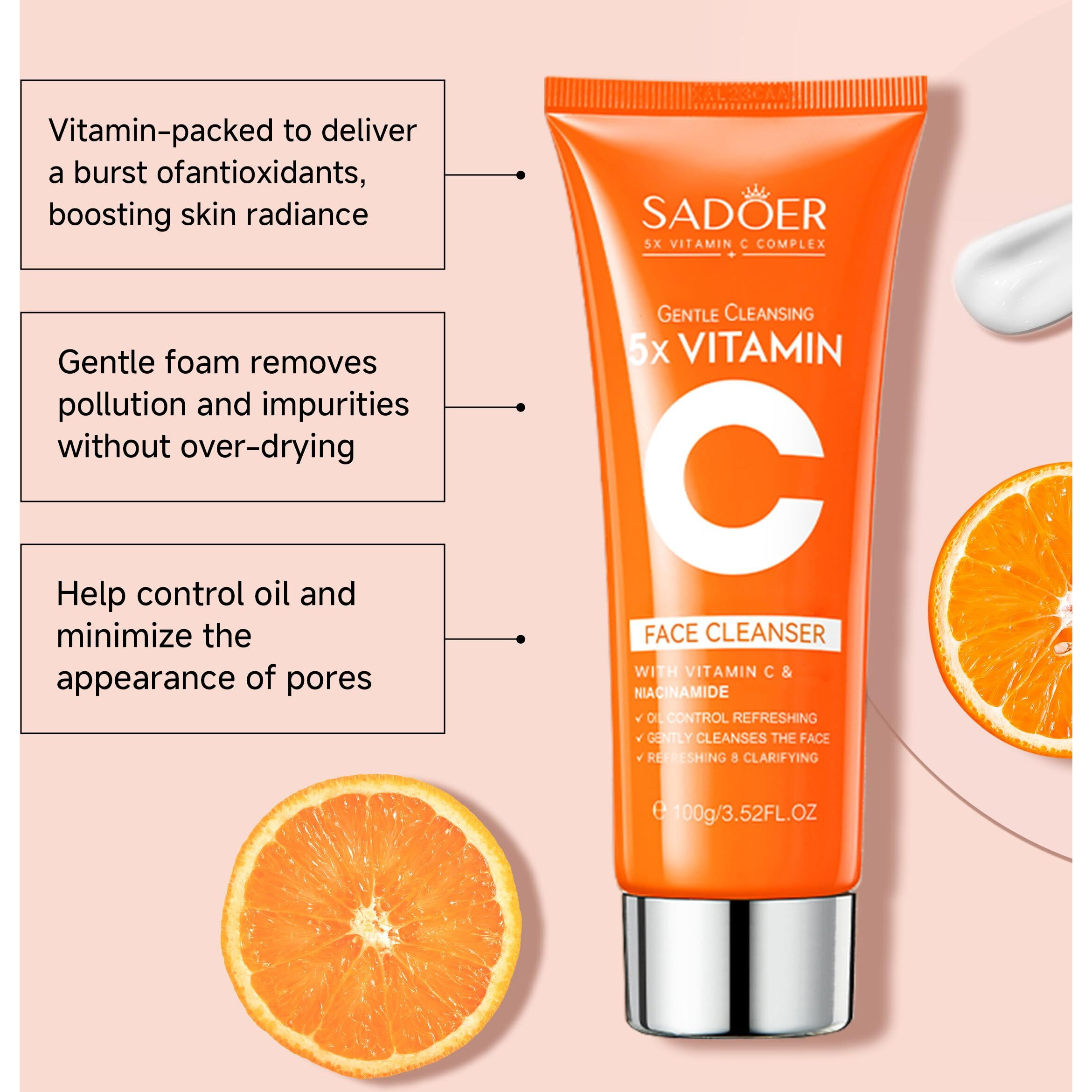 5X Vitamin C Face Cleanser 100G(2 Bottle) ,Sadoer Facial Cleanser Niacinamide & Hyaluronic Acid, Gentle Pore Refining Daily Wash For Oily &Dull Skin,Clear,Oil Balancing,Tiktok Popular Skincare Gift
