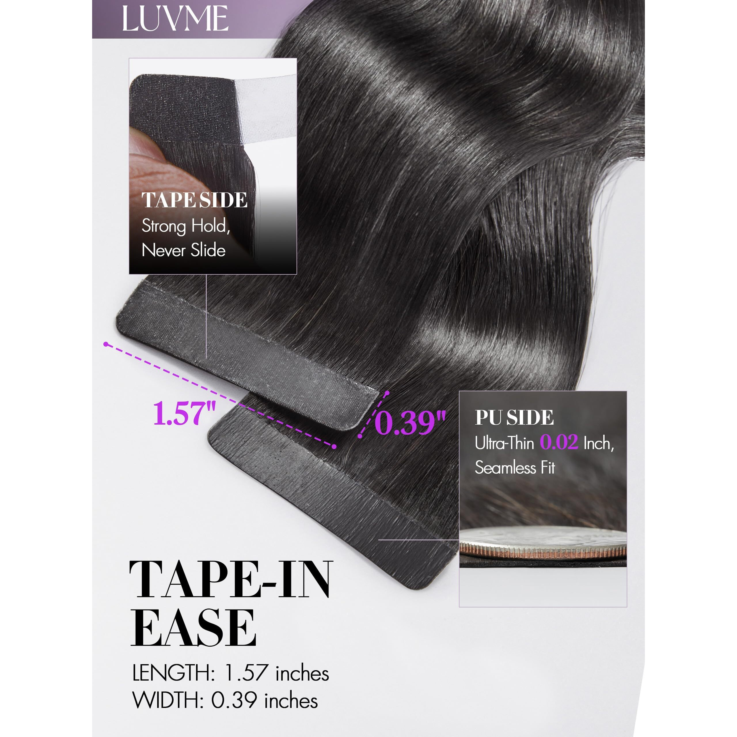 Luvme Real Human Hair Tape In Extensions Body Wave Natural Black 14Inch 50Pcs 110G Double Sided Tape For Skin Weft Hair Extensions Black Seamless In Hair Extensions Human Hair