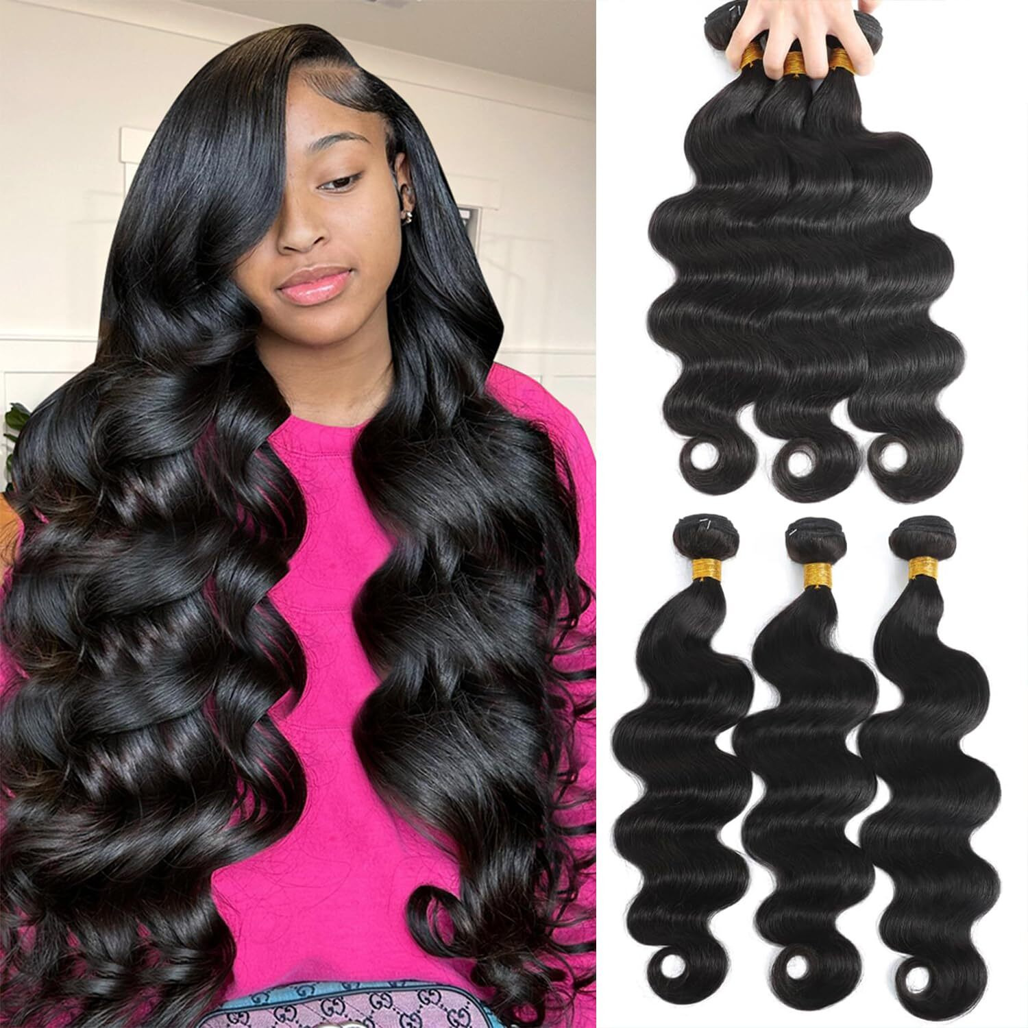 12A Human Hair Bundles 26 28 30 Inch Body Wave Bundles Human Hair 100% Unprocessed Brazilian Virgin Weave 3 Bundle Natural Black Wet And Wavy Human Hair Extensions 1B Color For Women